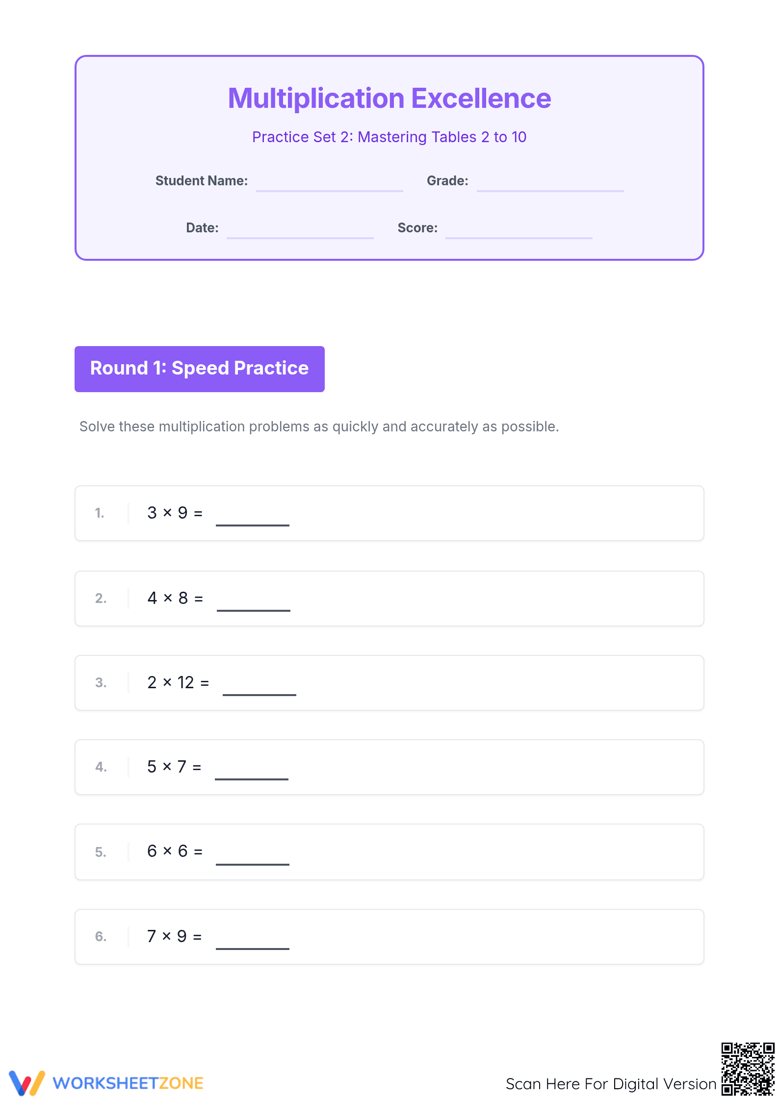 Printable Multiplication Tables 2-10 Worksheet | Grade 3 - Page 1