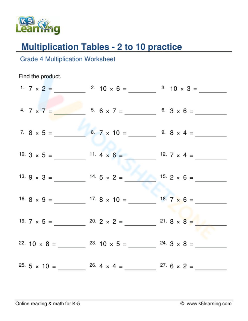 Multiplication Tables - 2 to 10 practice 2 - Page 1