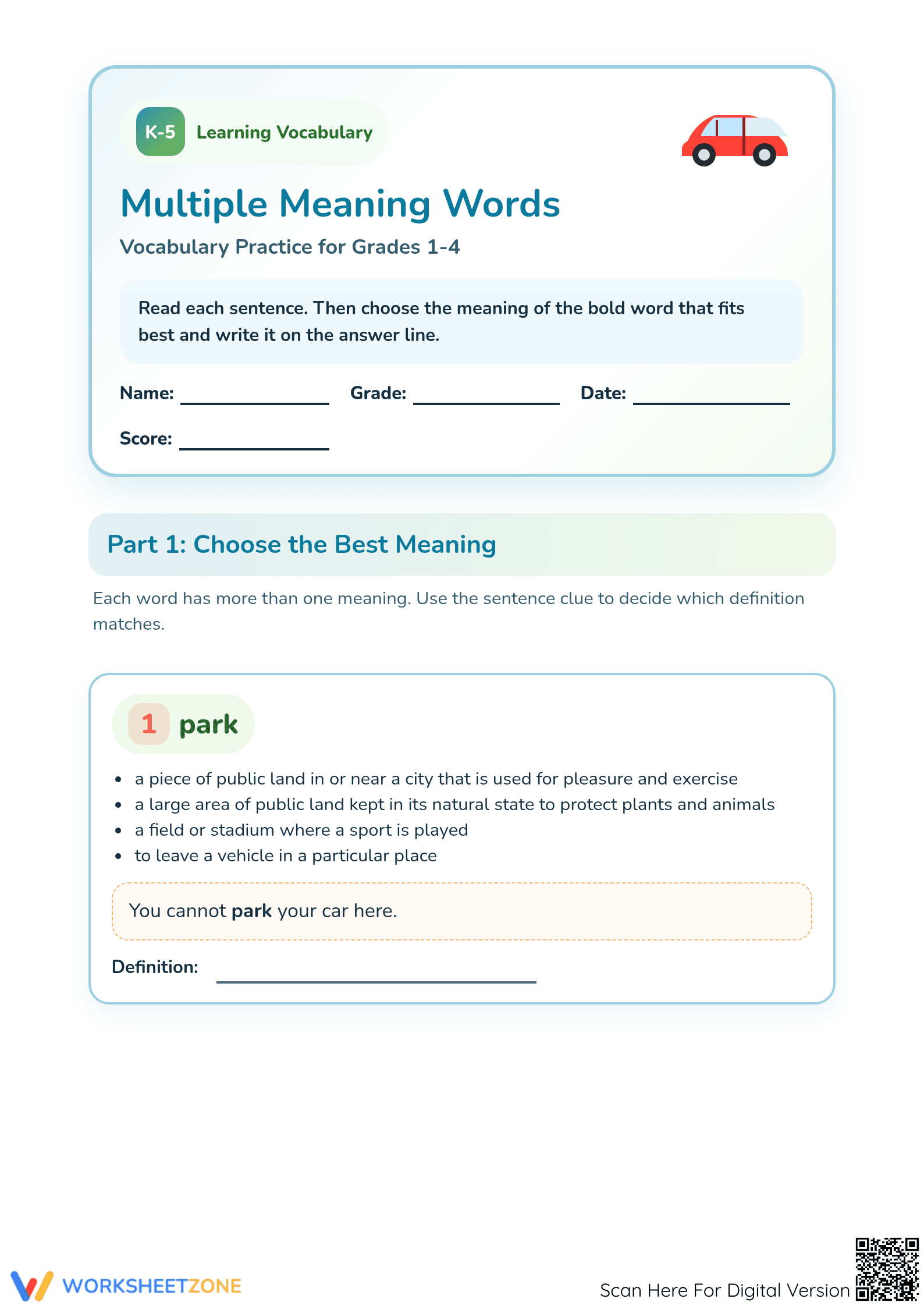 Printable Multiple Meaning Words Worksheet | Grades 1-4 - Page 1