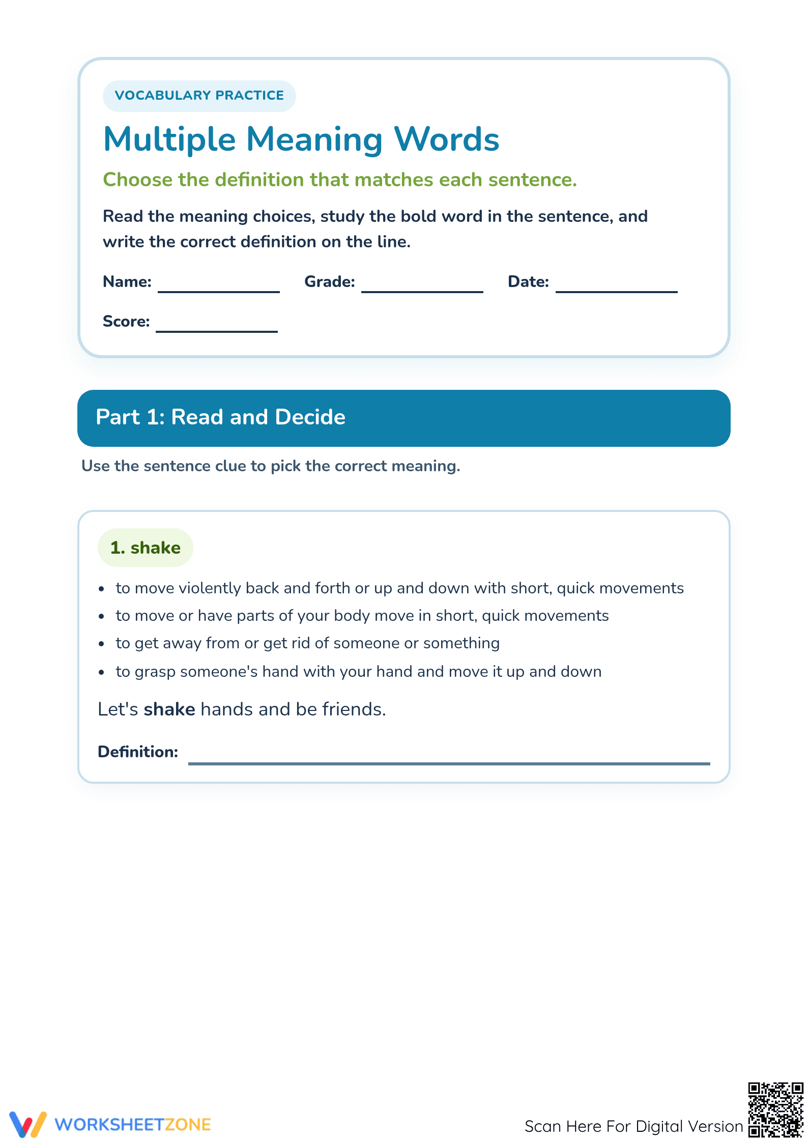 Printable Multiple Meaning Words Worksheet | Grade 3 ELA - Page 1