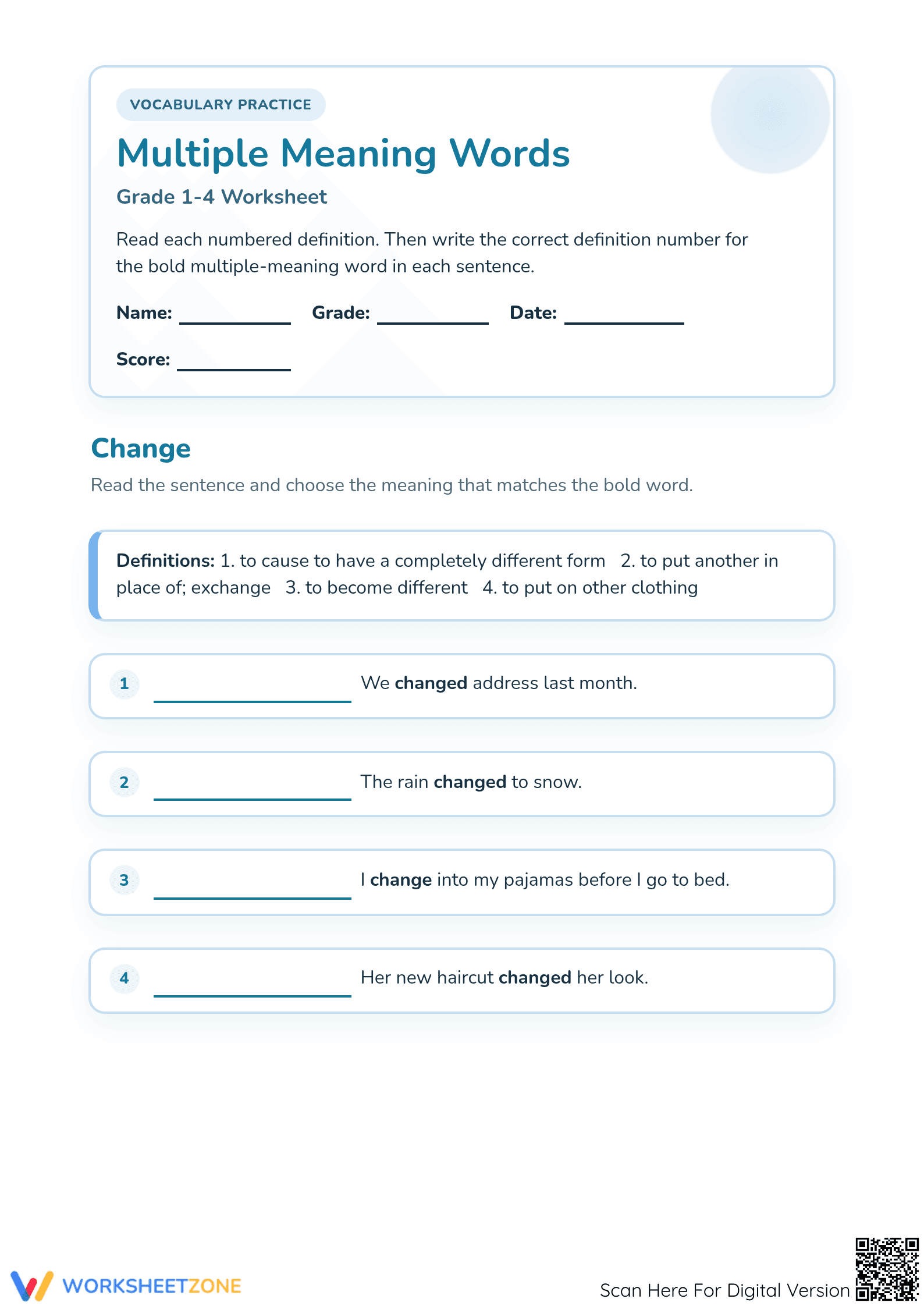 Printable Multiple Meaning Words Practice | Grades 1-4 - Page 1