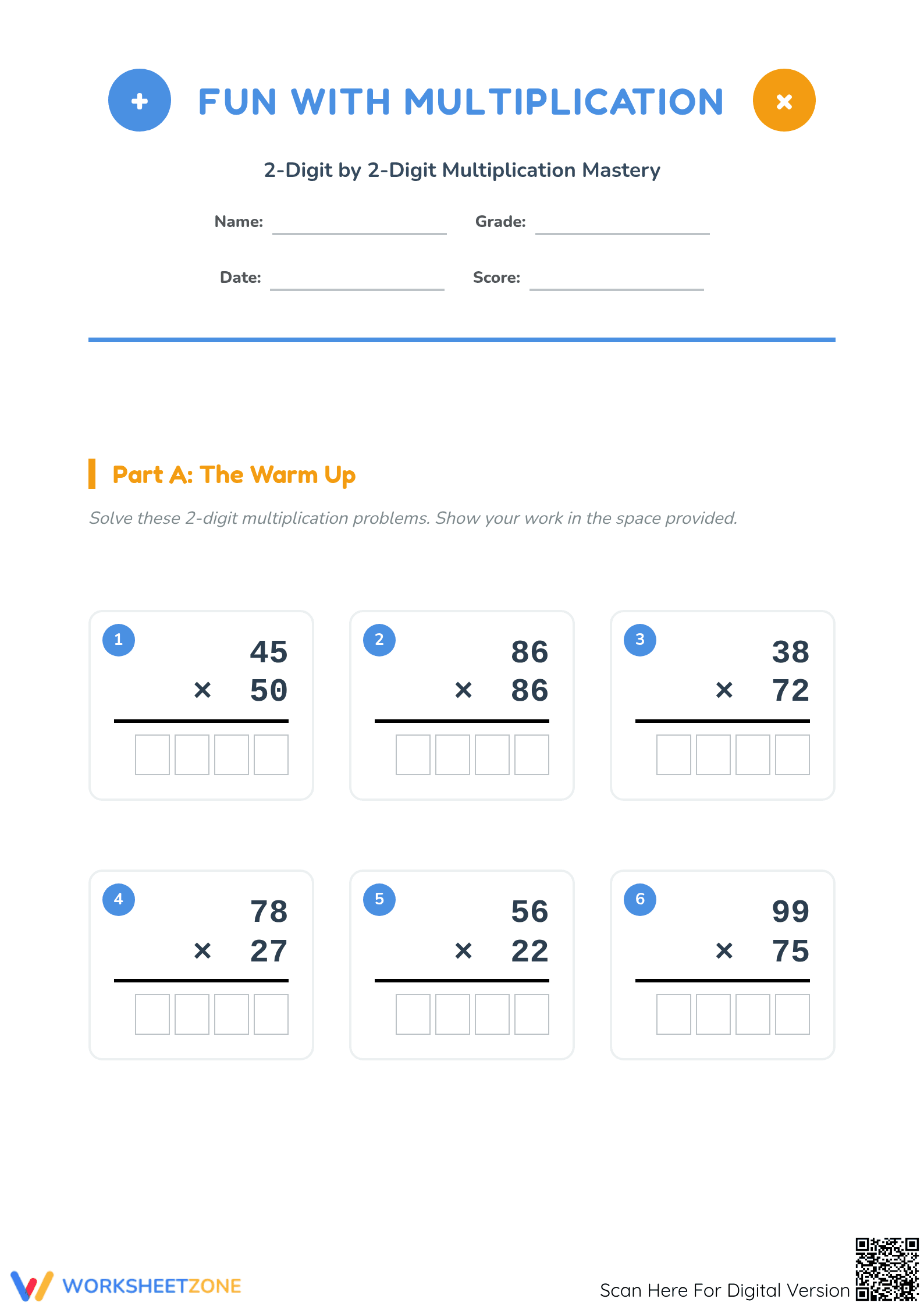 Printable 2-Digit Multiplication Mastery Grade 4 Math - Page 1