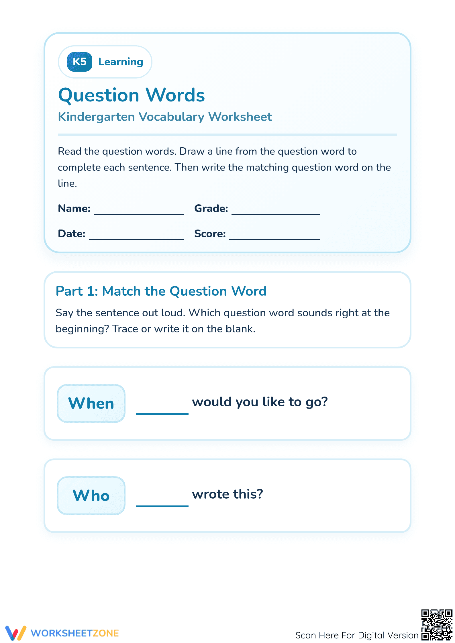 Printable Question Words Worksheet | Kindergarten ELA - Page 1
