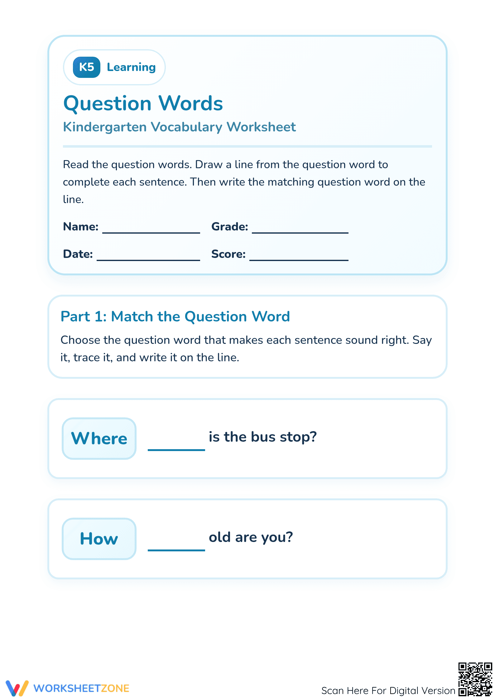 Printable Question Words Worksheet | Kindergarten ELA - Page 1
