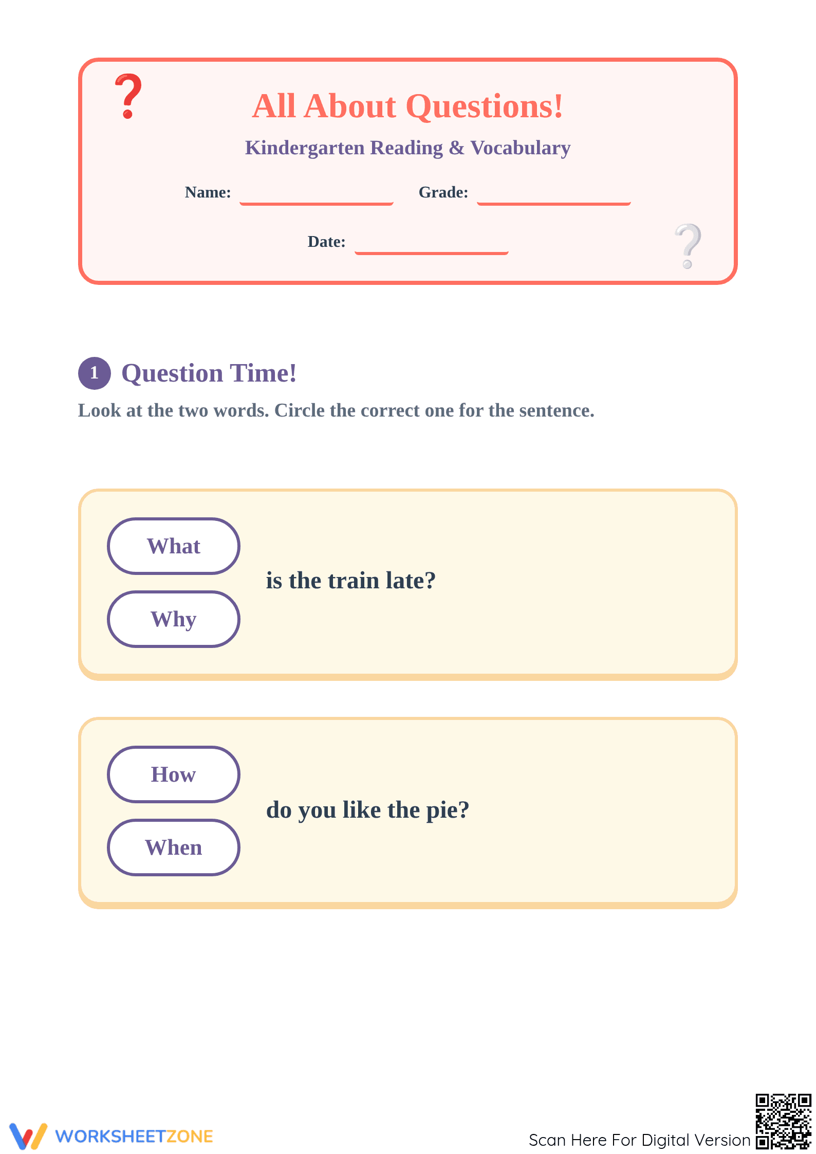 Printable Question Words Worksheet | Kindergarten ELA - Page 1