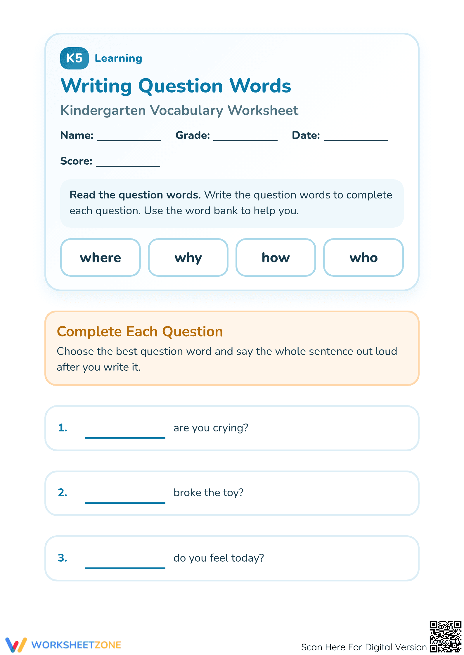 Printable Question Words Worksheet | Grade K ELA Essential - Page 1