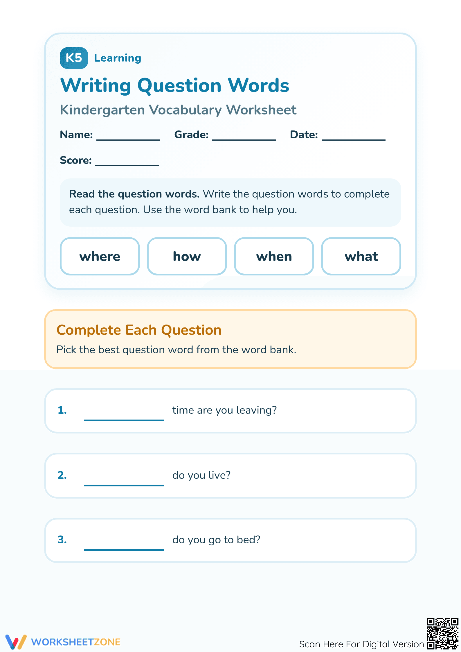 Essential Question Words Worksheet | Grade K ELA - Page 1