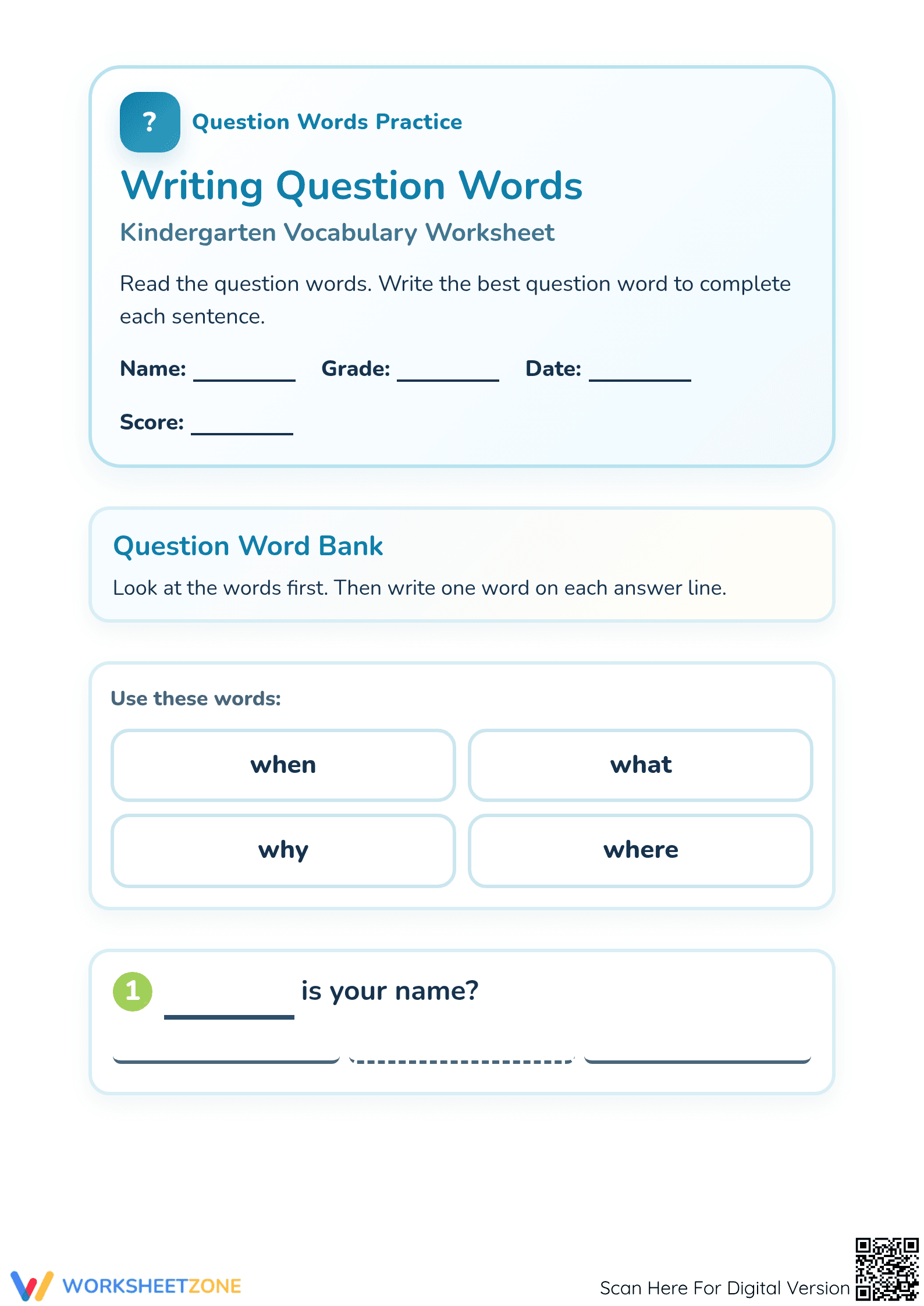 Essential Question Words Worksheet — Grade K ELA Aligned - Page 1