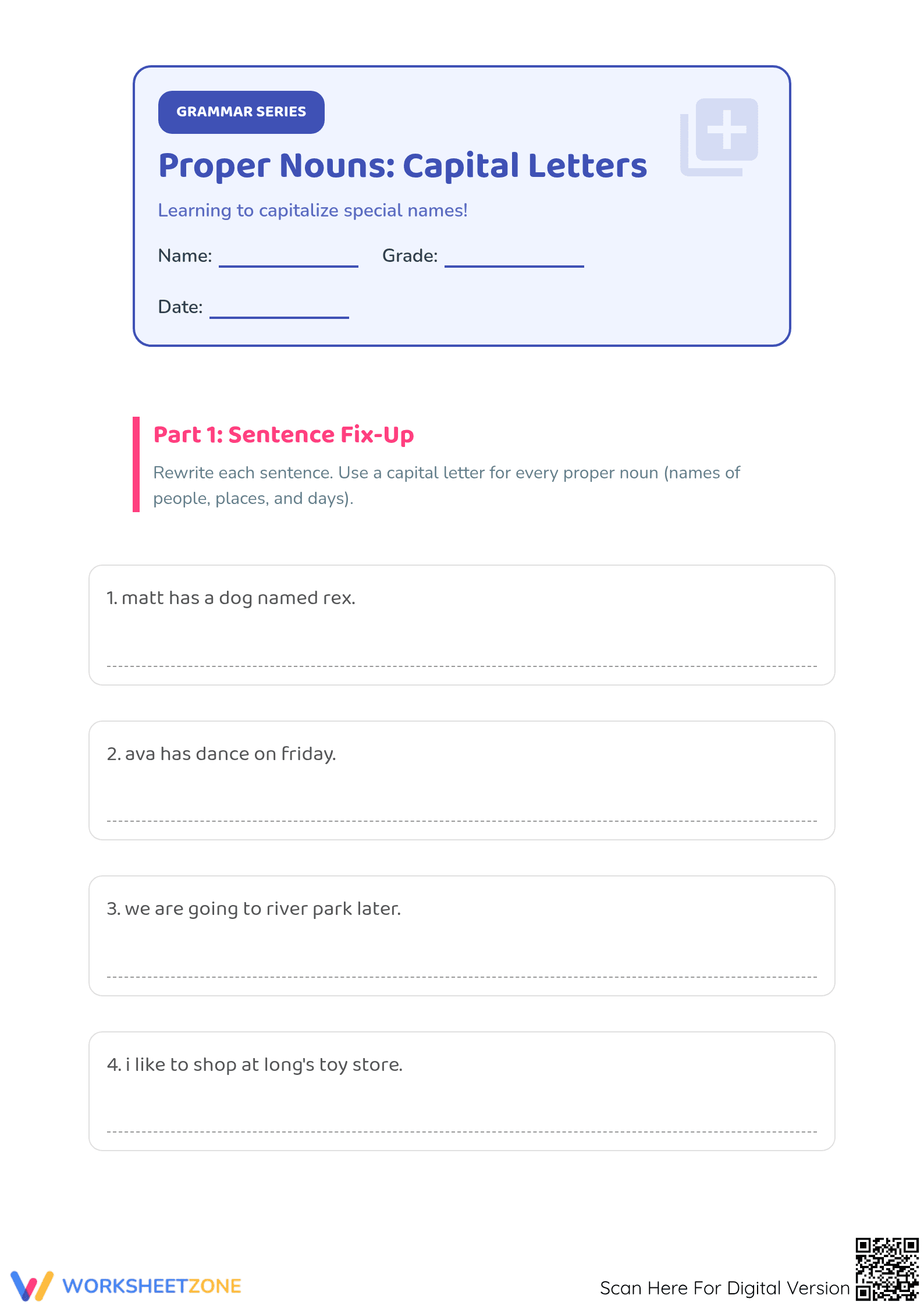 Proper Nouns Capitalization Worksheet | Grade 1 Printable - Page 1