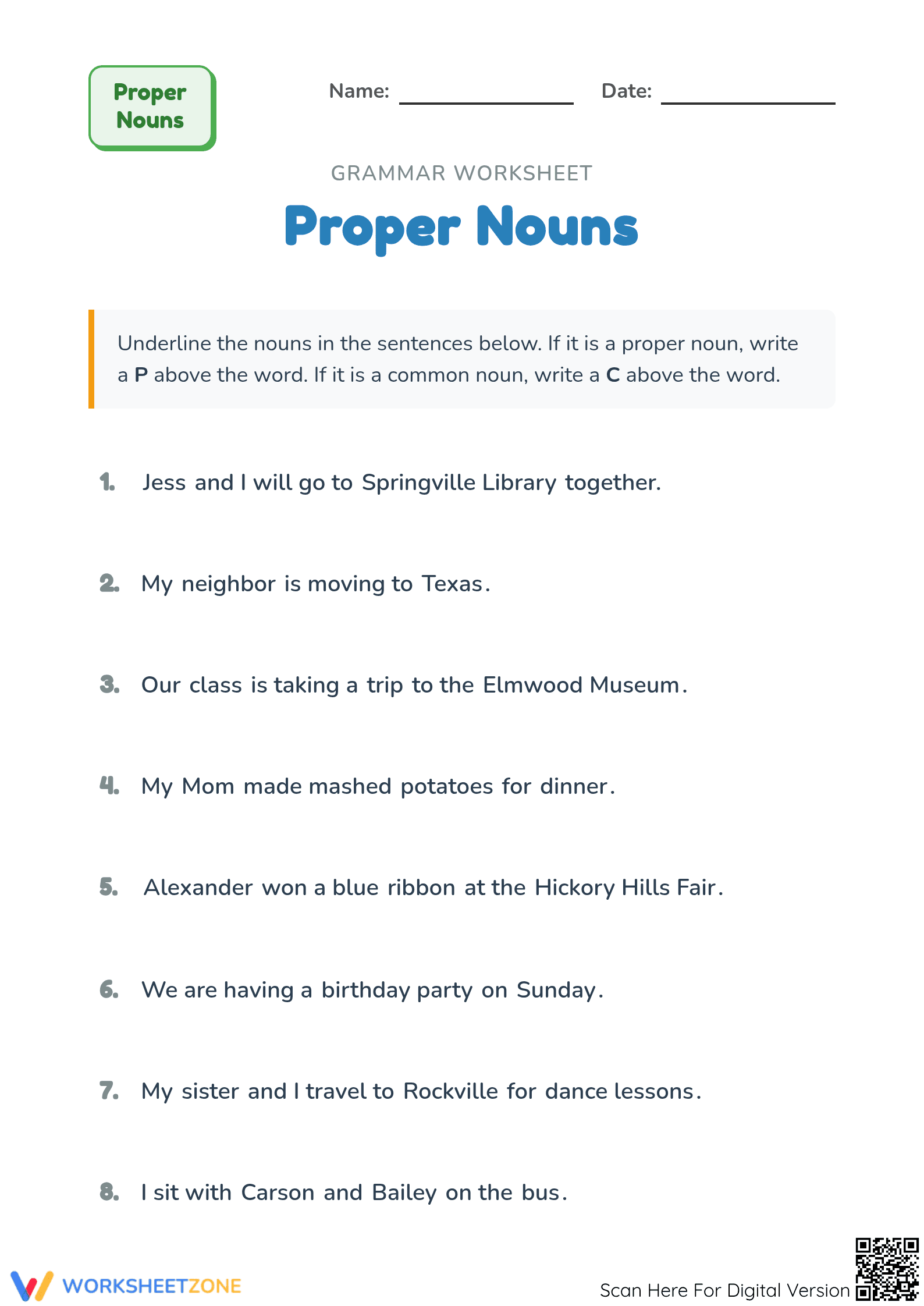 Essential Proper Nouns Worksheet | Grade 2 ELA - Page 1