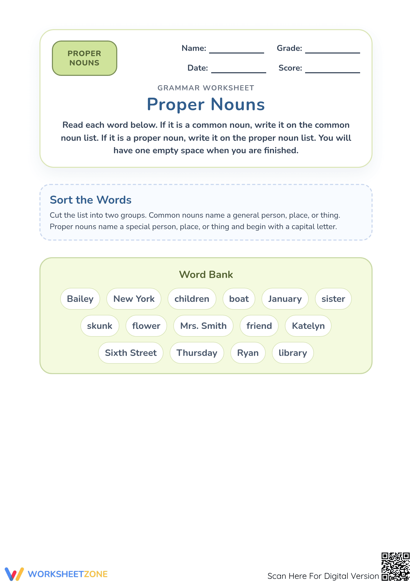 Proper Nouns Sorting Worksheet | Printable Grade 1 ELA - Page 1