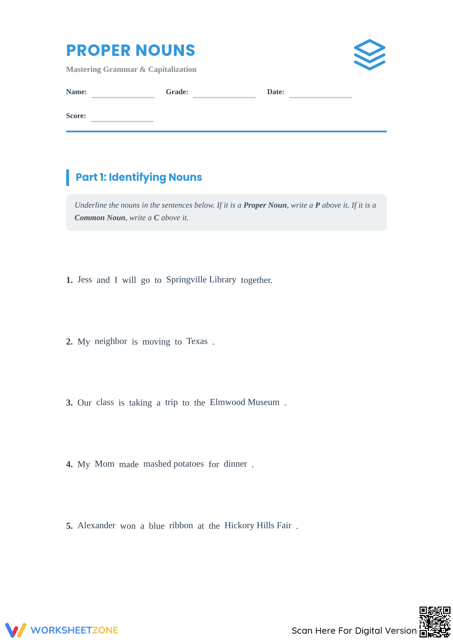 Essential Proper Nouns Worksheet | Grade 4-5 Grammar Ready - Page 1