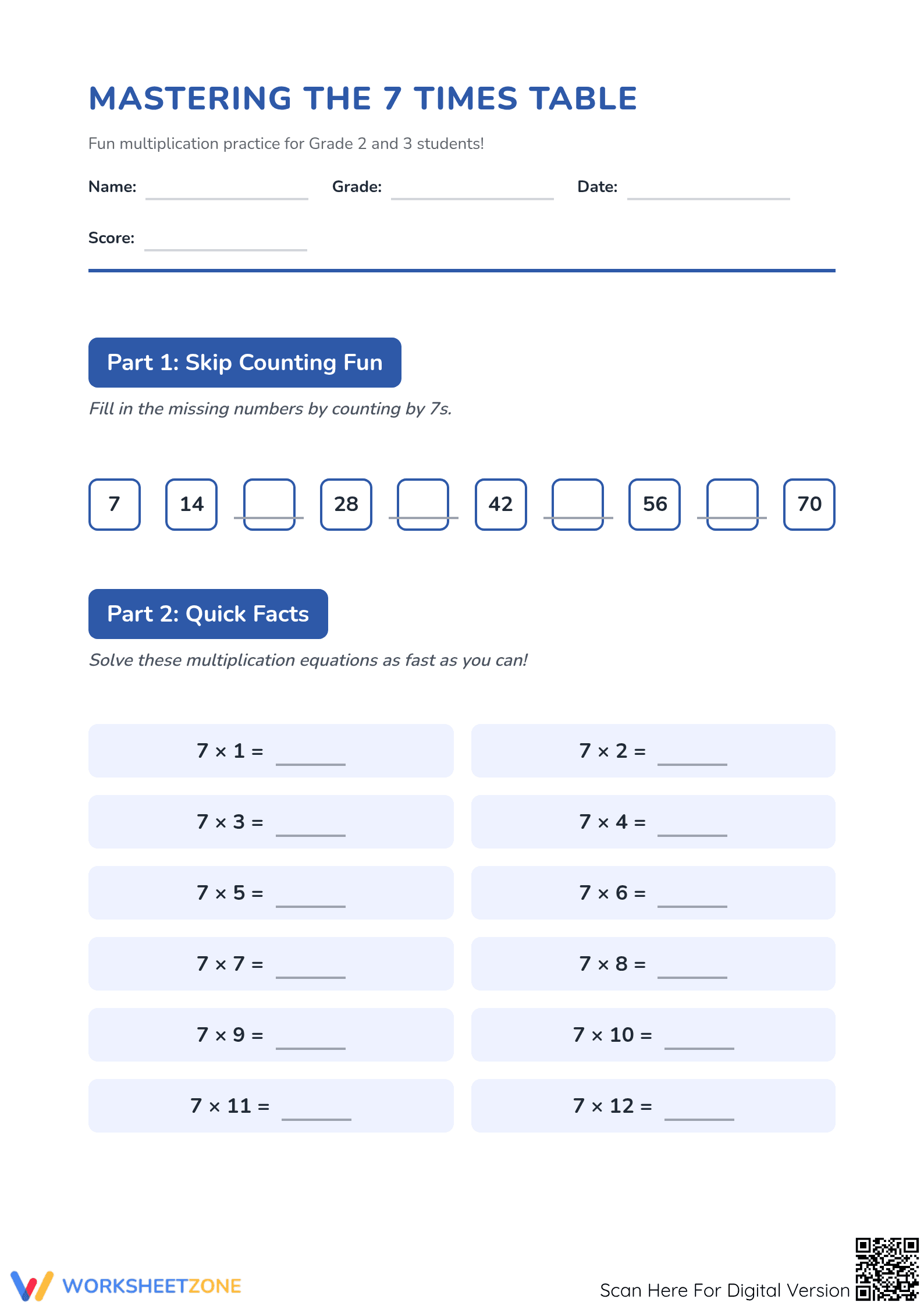 Essential 7 Times Table Worksheet | Grade 3 Math - Page 1
