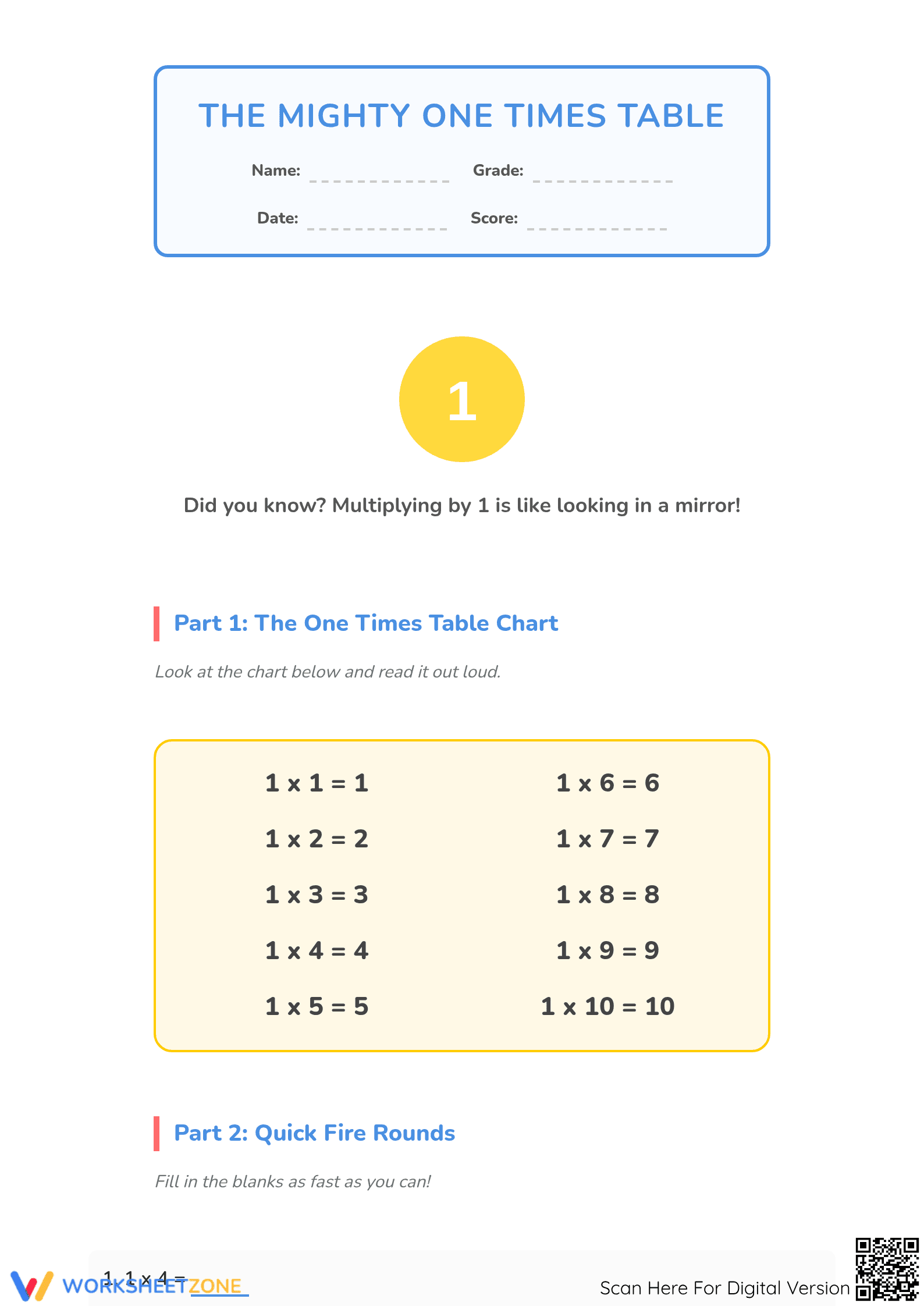 Essential One Times Table Worksheet | Grade 3 Math - Page 1