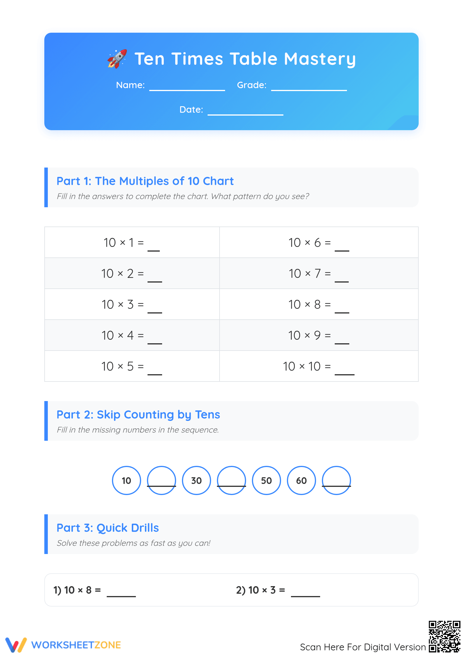 Ten Times Table Worksheet | Grade 3 Essential Math - Page 1