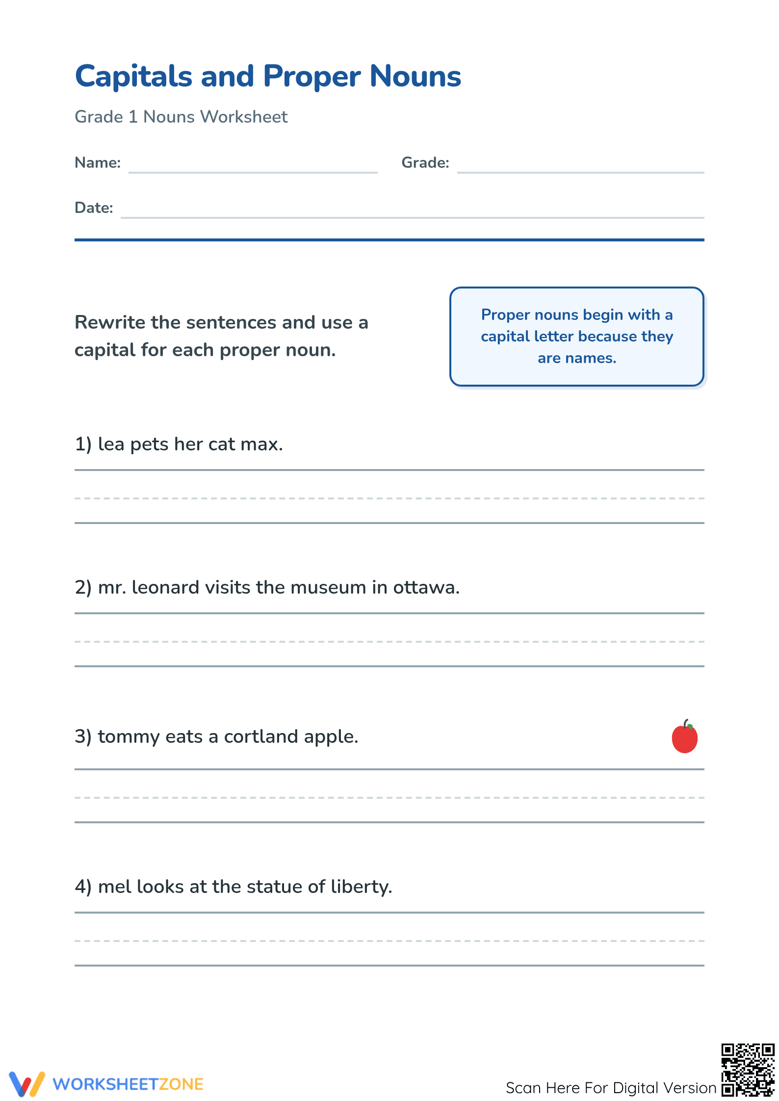 Capitalizing Proper Nouns Worksheet | Grade 1 Printable - Page 1