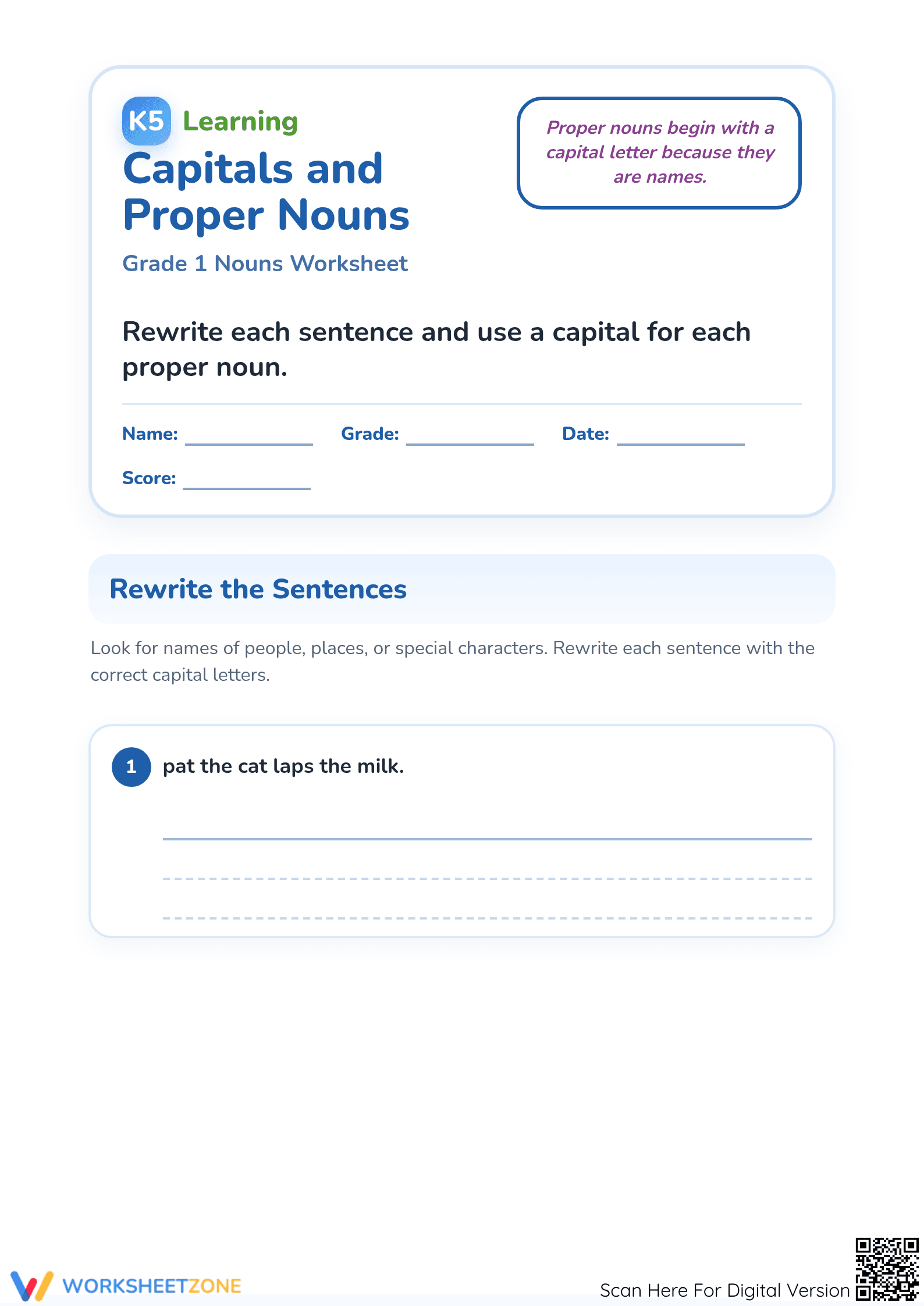 Proper Nouns Worksheet | Grade 1 ELA | Printable Practice - Page 1