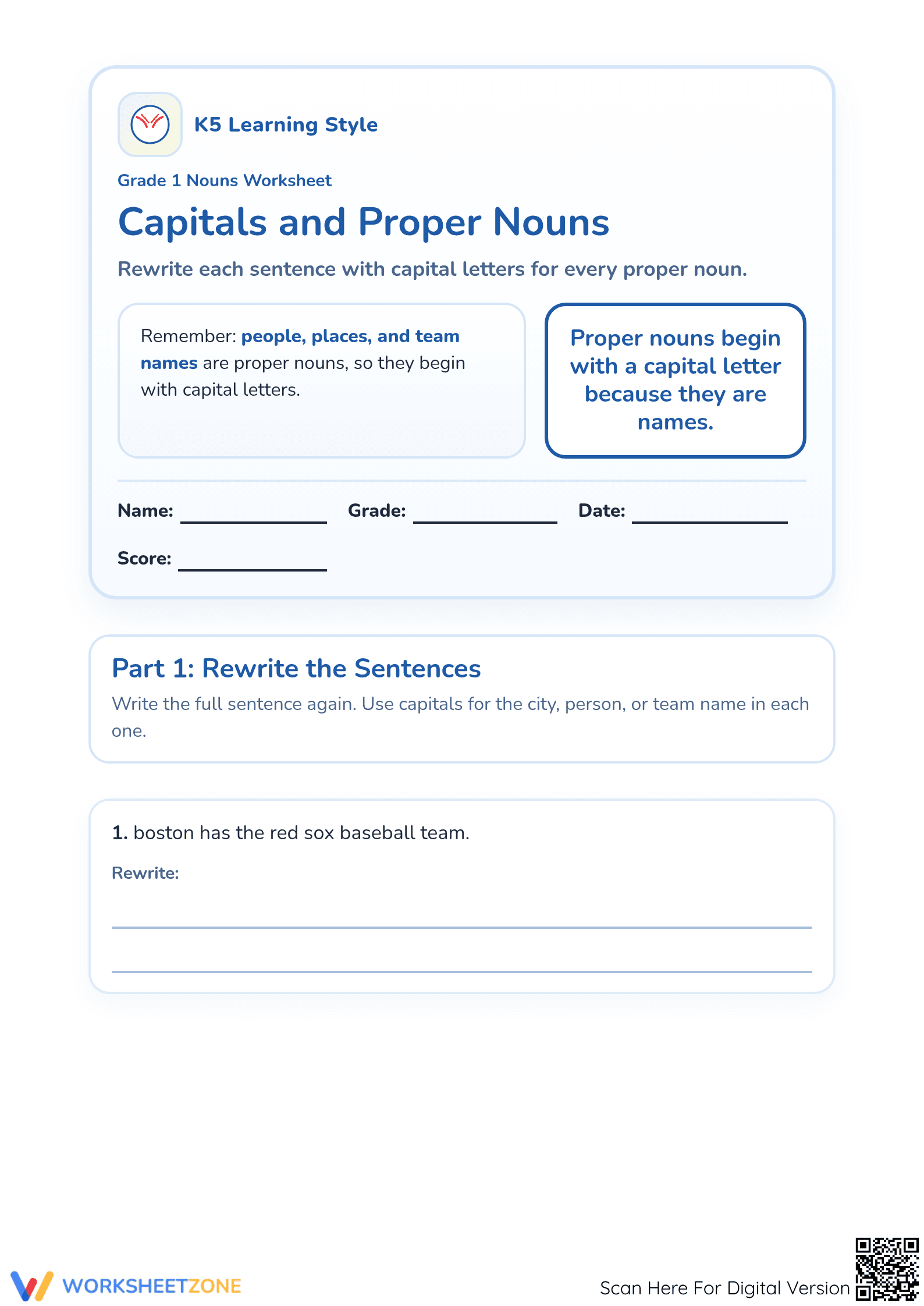 Printable Proper Nouns Capitalization Worksheet | Grade 1 - Page 1
