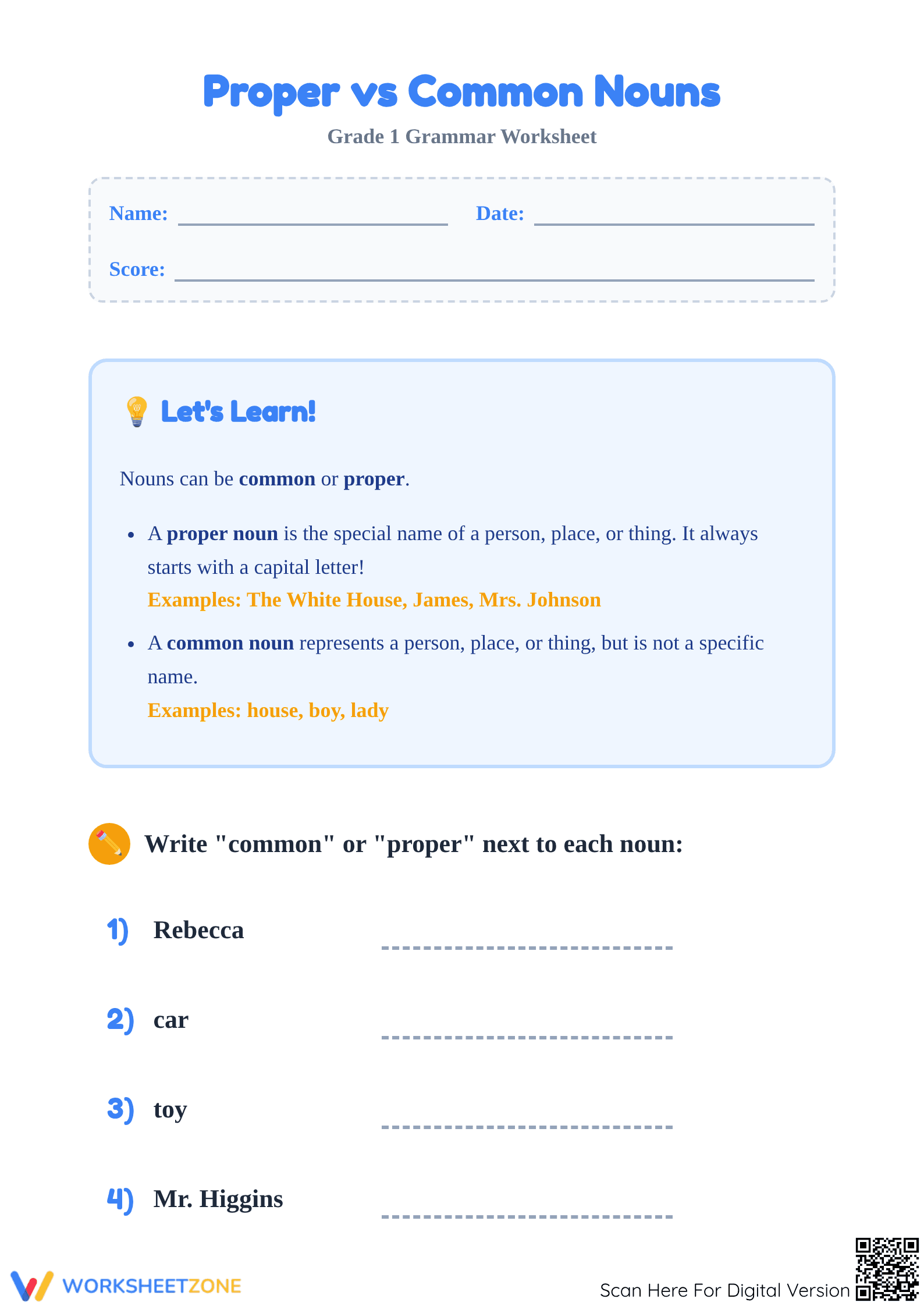 Grade 1 Proper vs Common Nouns — Printable No-Prep Worksheet - Page 1