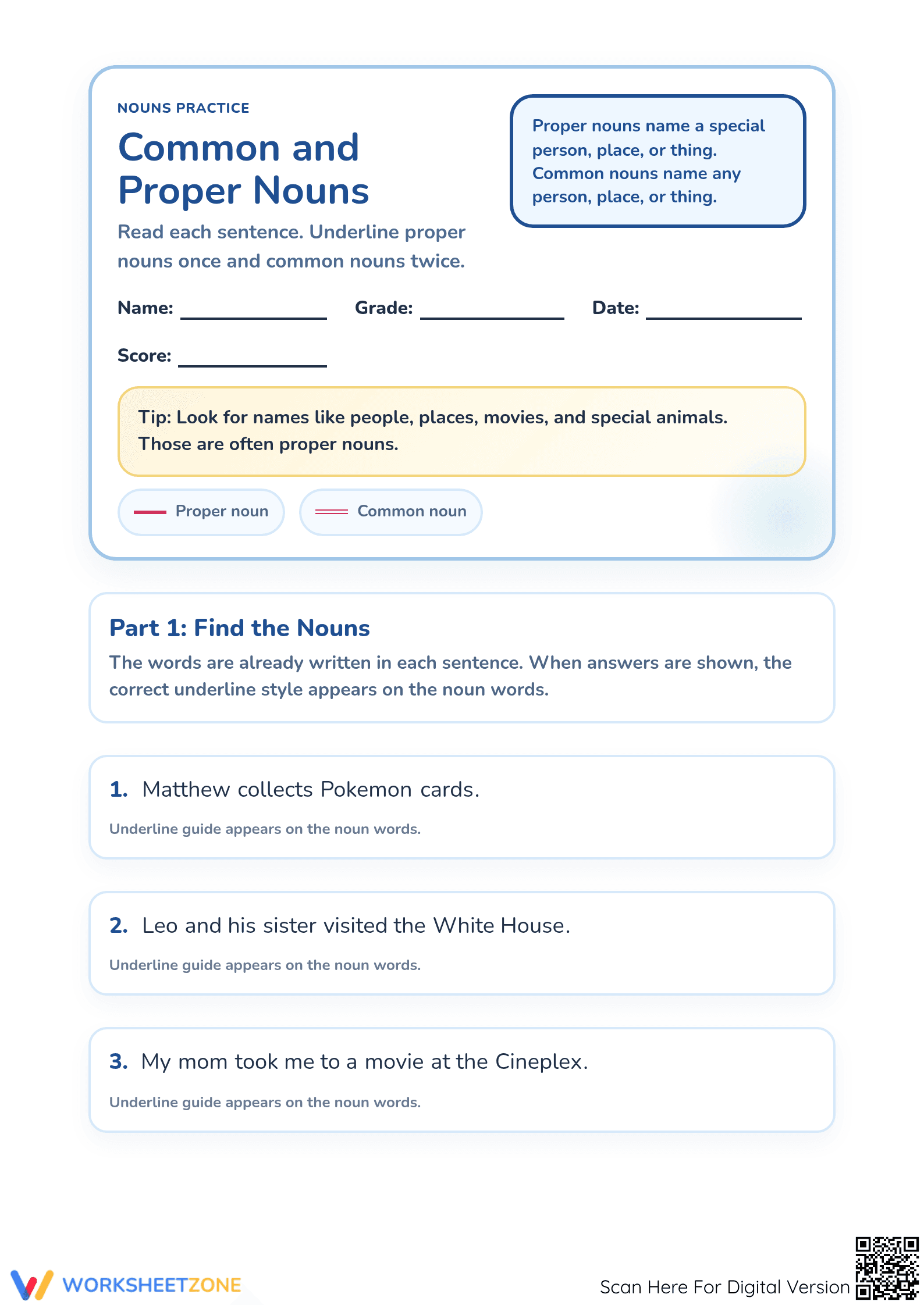 Common and Proper Nouns Worksheet | Grade 1 Printable - Page 1