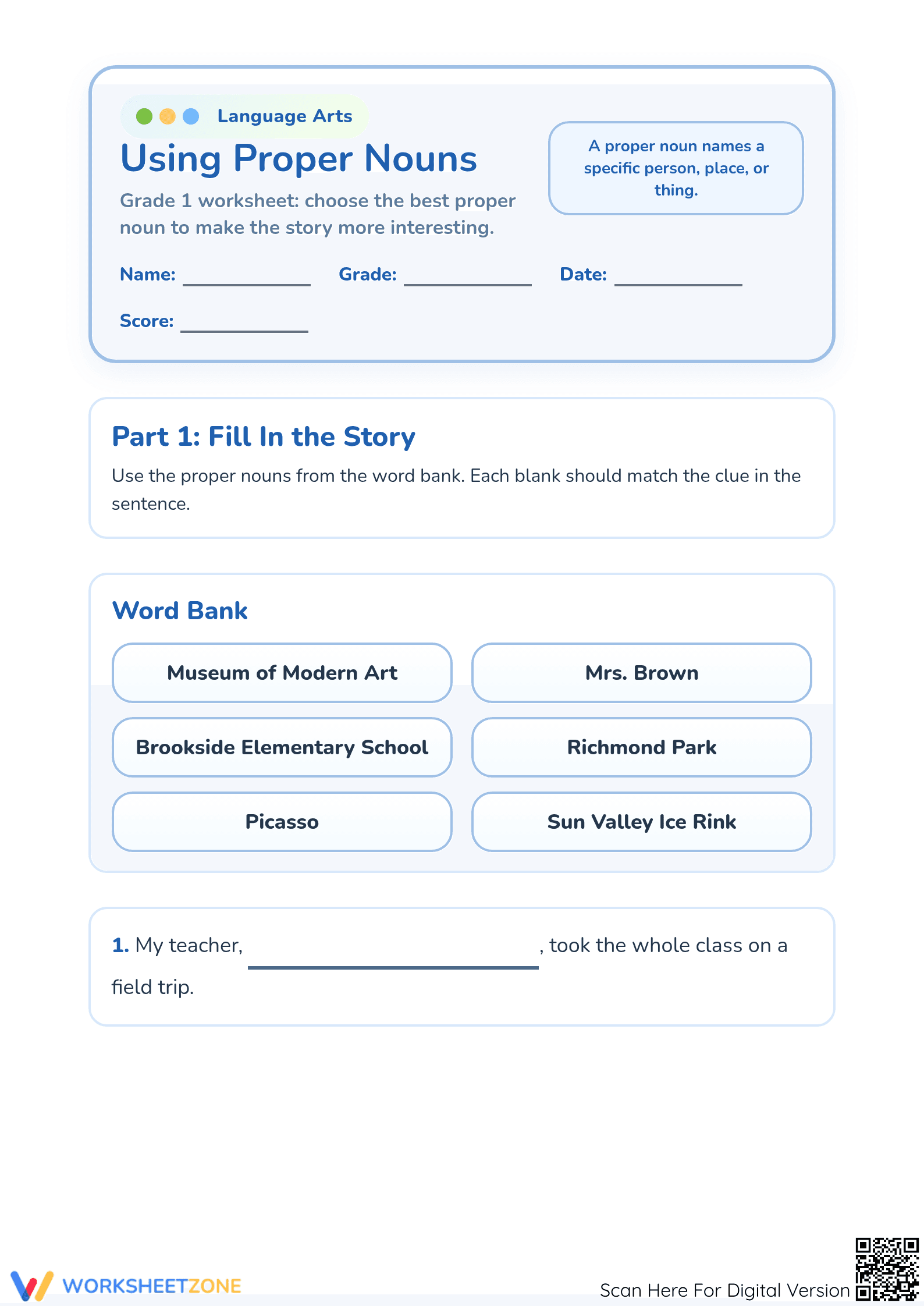 Printable Proper Nouns Worksheet | Grade 1 ELA Mastery - Page 1