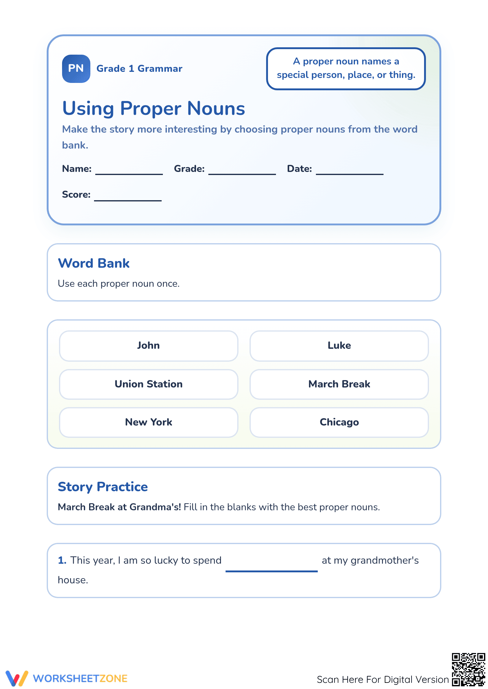 Printable Proper Nouns Worksheet | Grade 1 ELA - Page 1