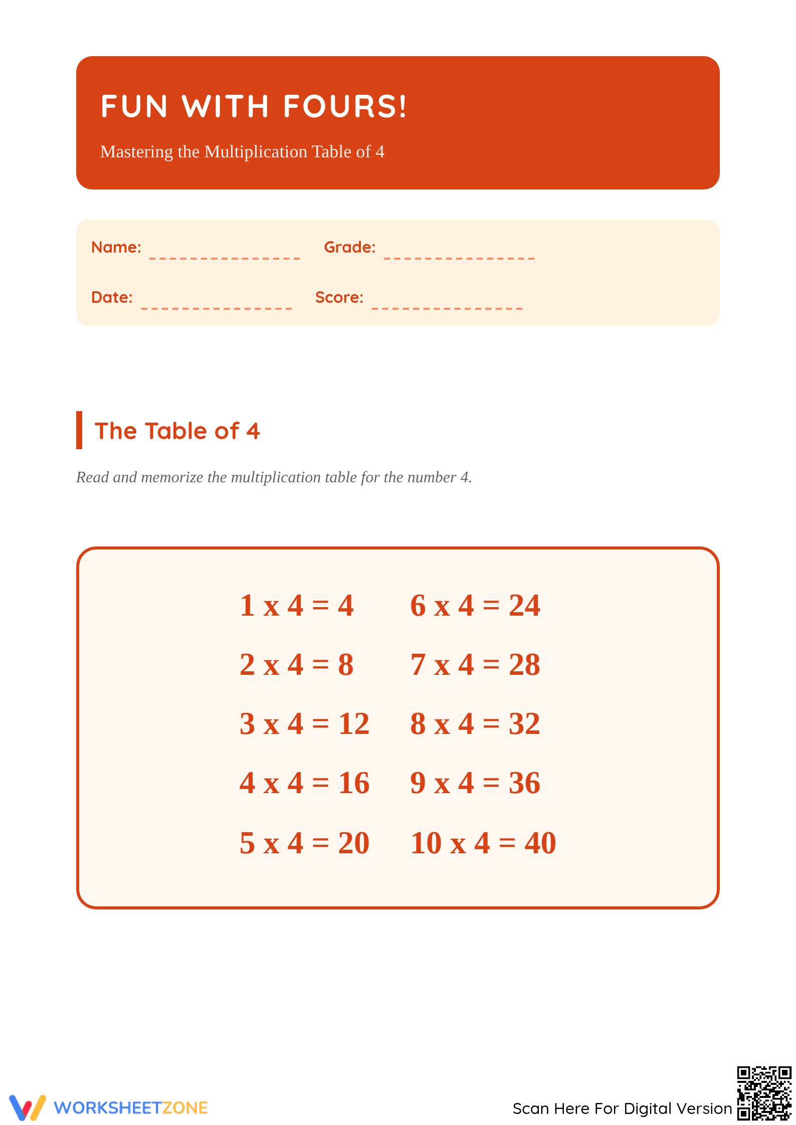 Printable 4 Times Table Chart & Practice | Grade 3 Math - Page 1