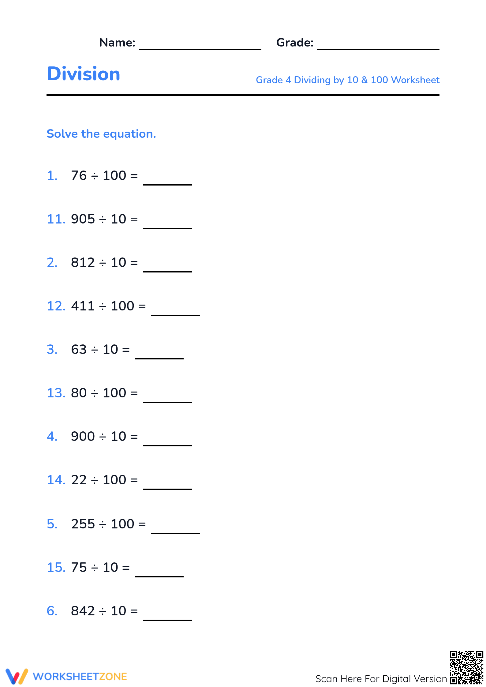 Essential Grade 4 Division: Dividing by 10 and 100 - Page 1