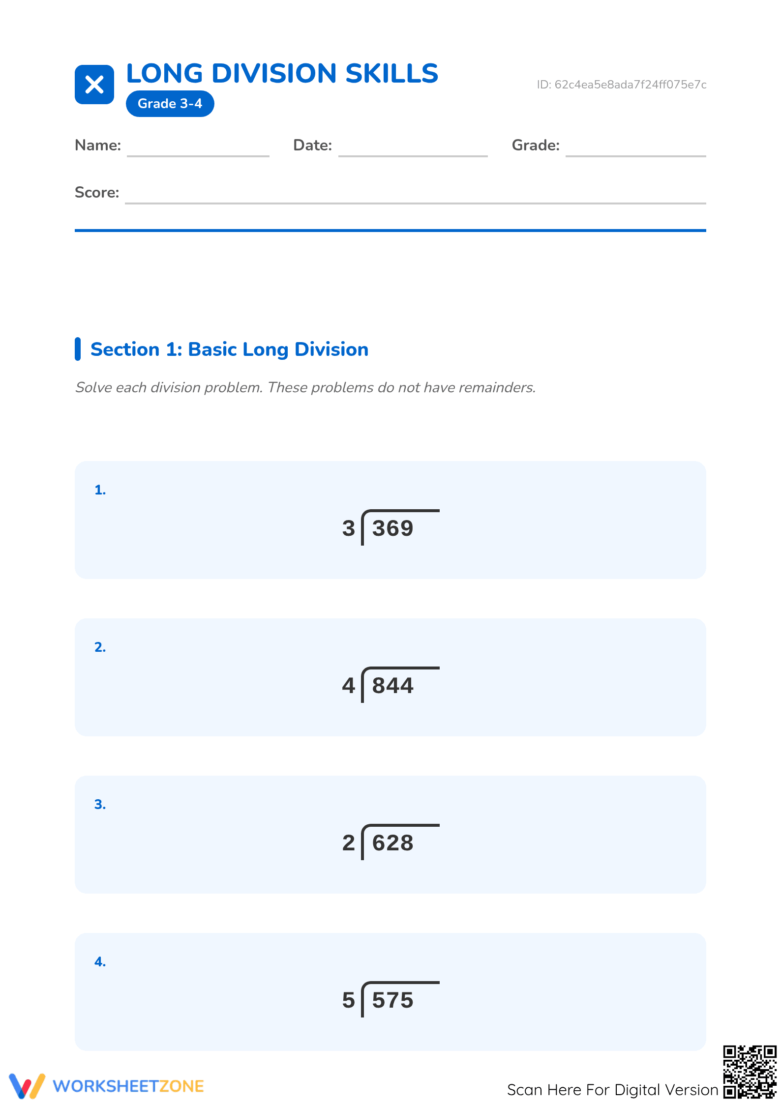 Printable Long Division Worksheet | Grade 4 Essential Math - Page 1
