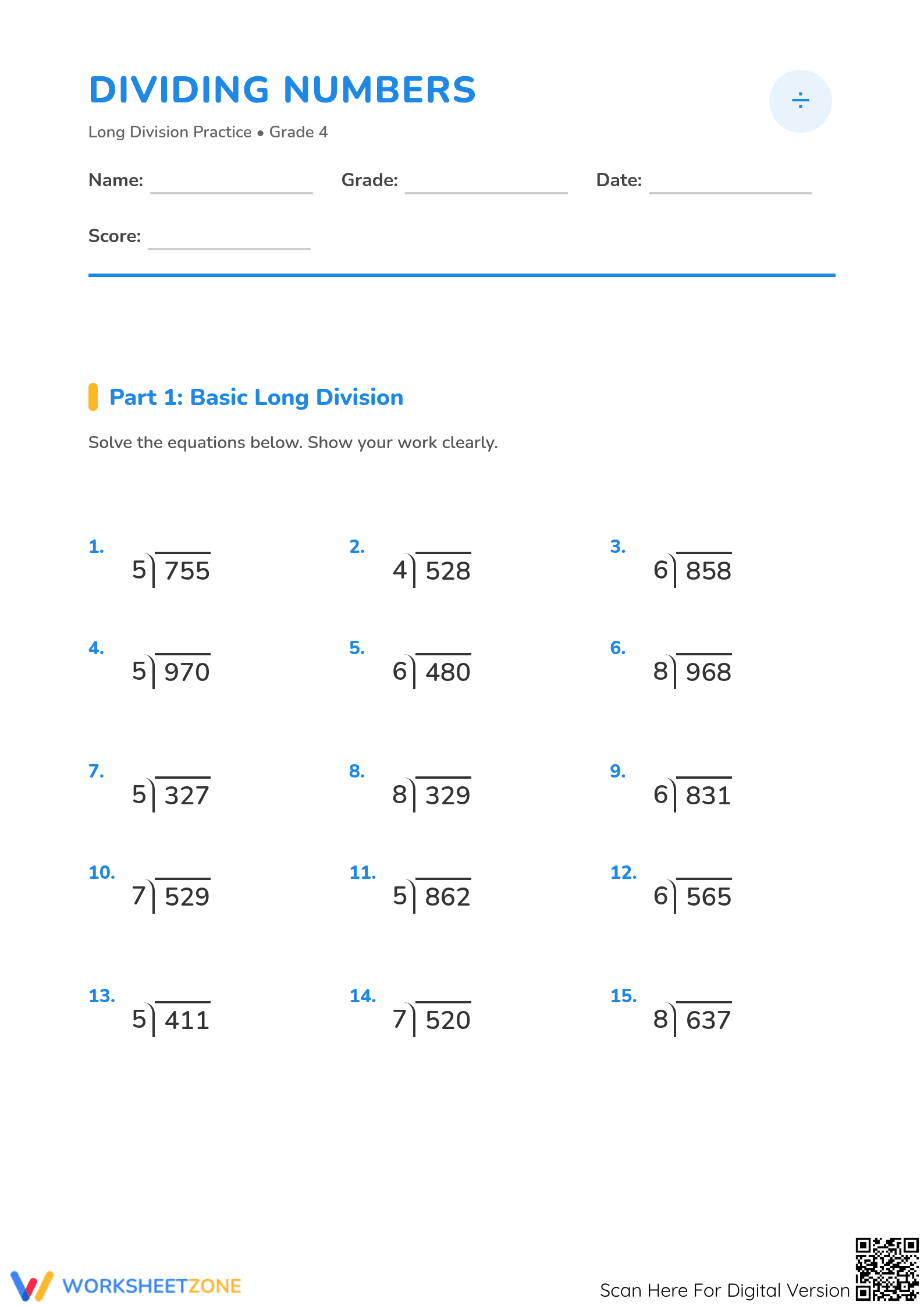 Grade 4 Long Division — Essential Printable Worksheet - Page 1