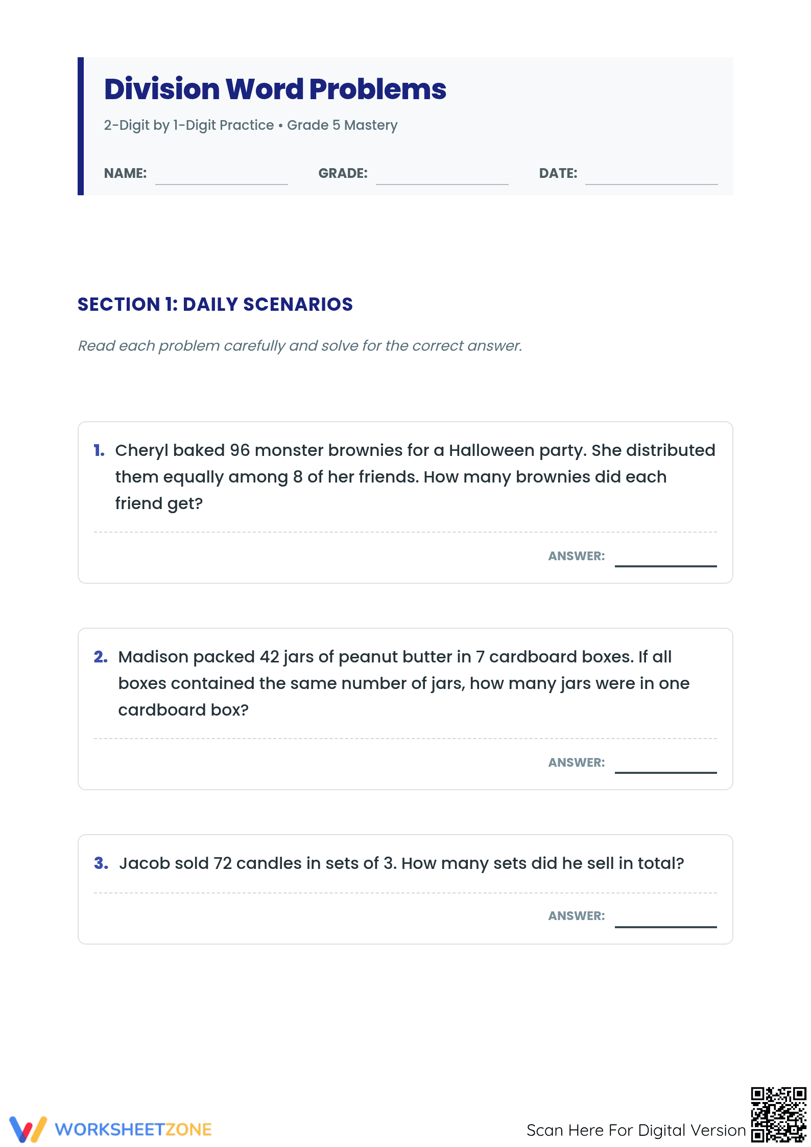 Essential 2-Digit by 1-Digit Division Word Problems Grade 5 - Page 1