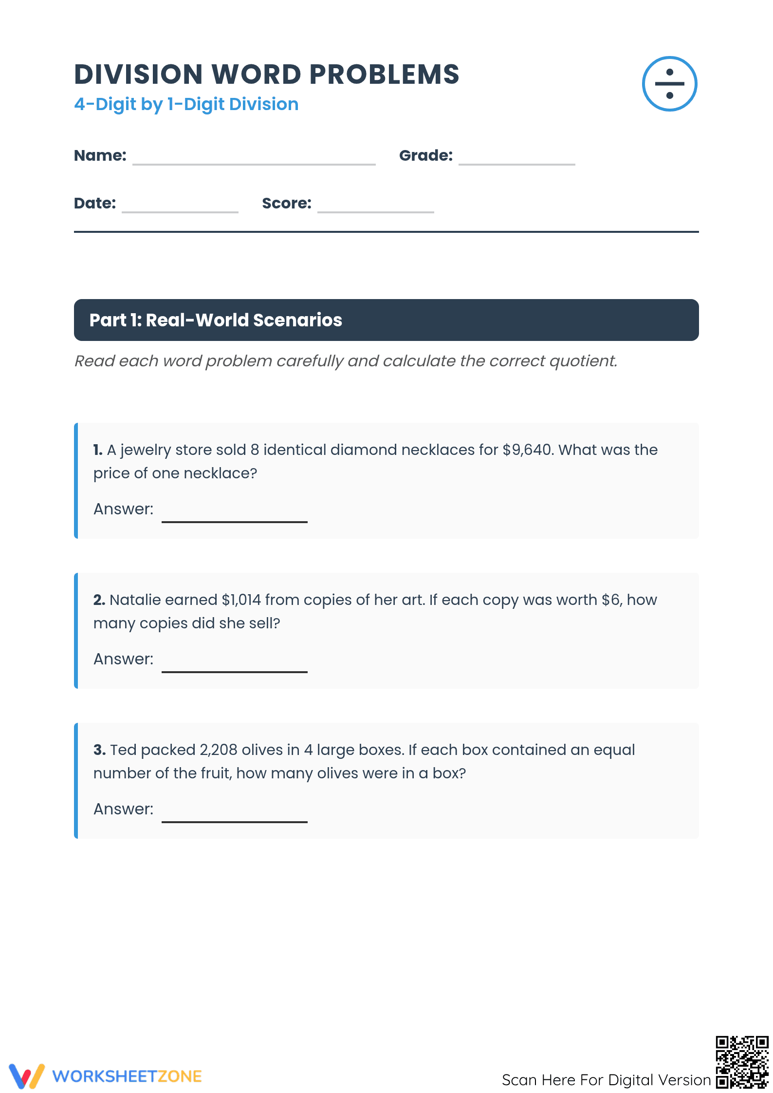 Printable 4-Digit by 1-Digit Division Word Problems - Page 1