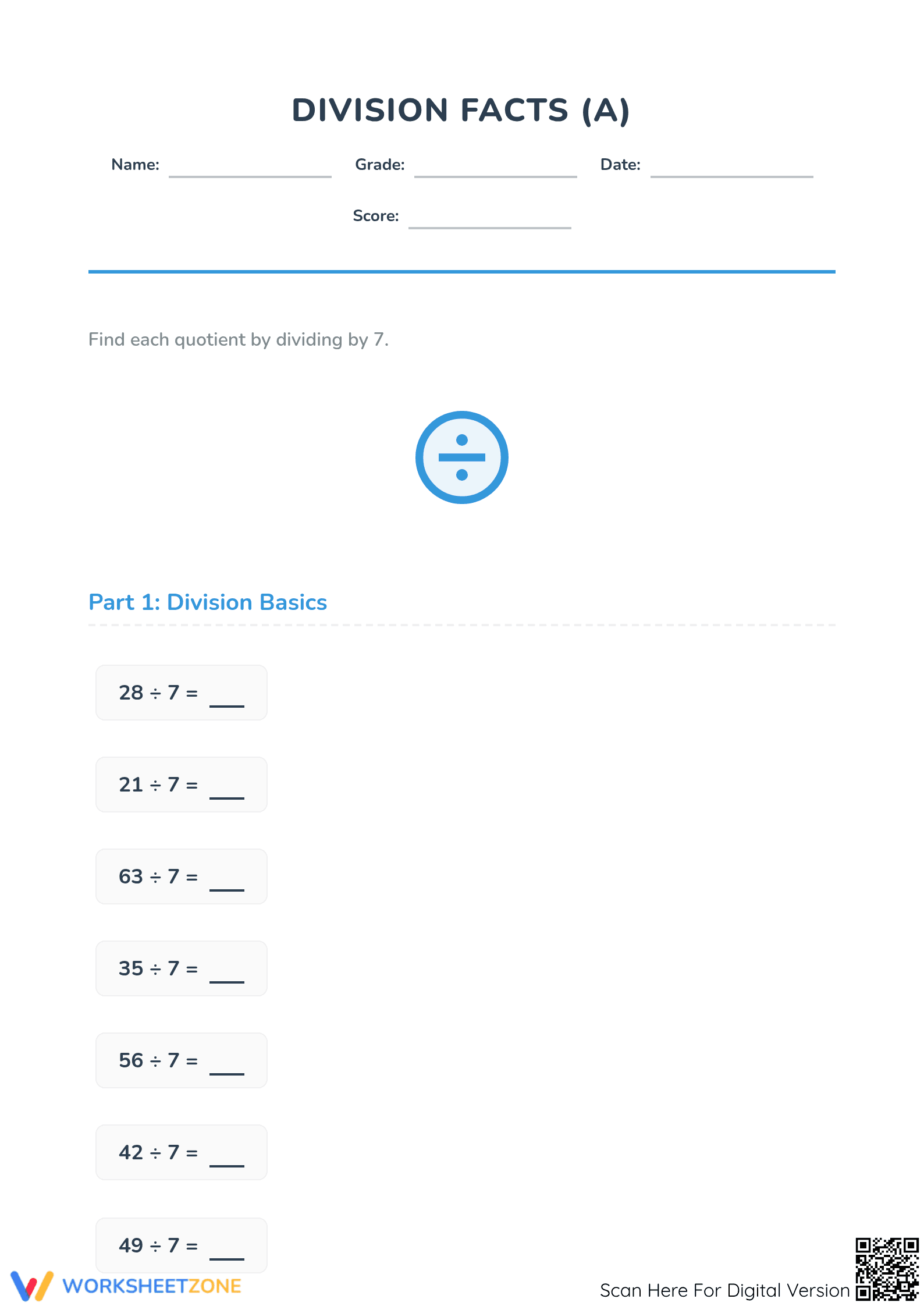 Printable Division Facts 7 Worksheet | Grade 3 Math - Page 1