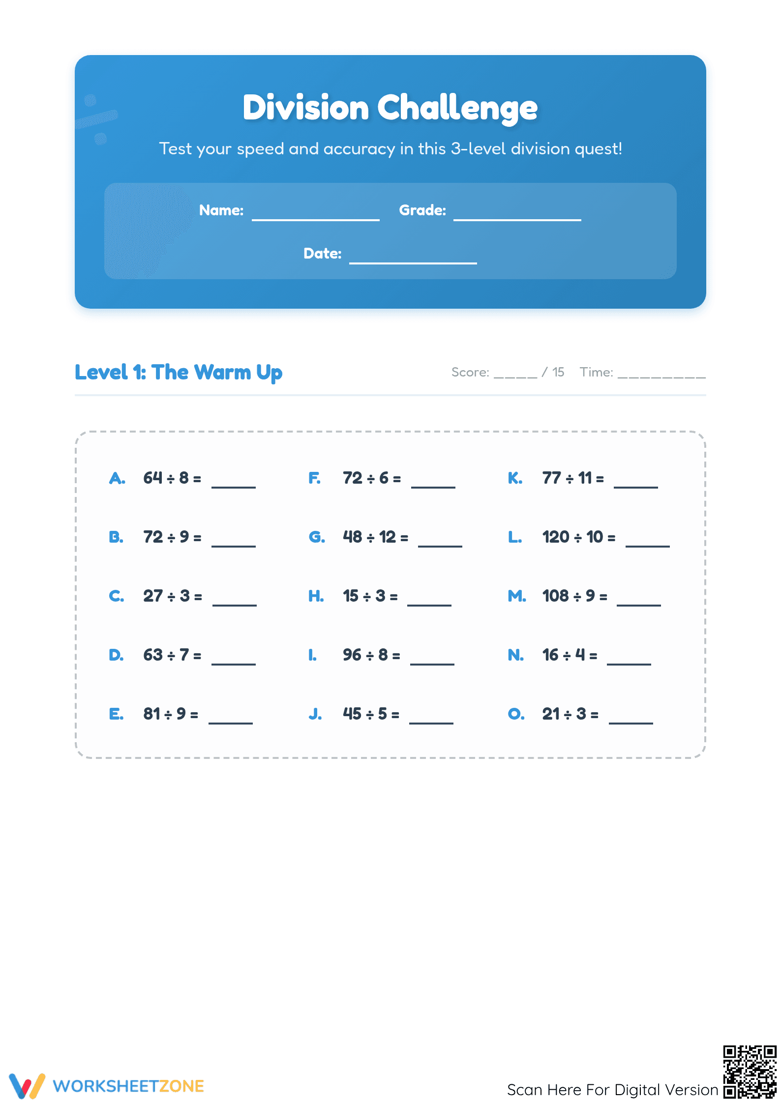 Division Fluency Worksheet (3 Levels) | Grade 3-5 Ready - Page 1