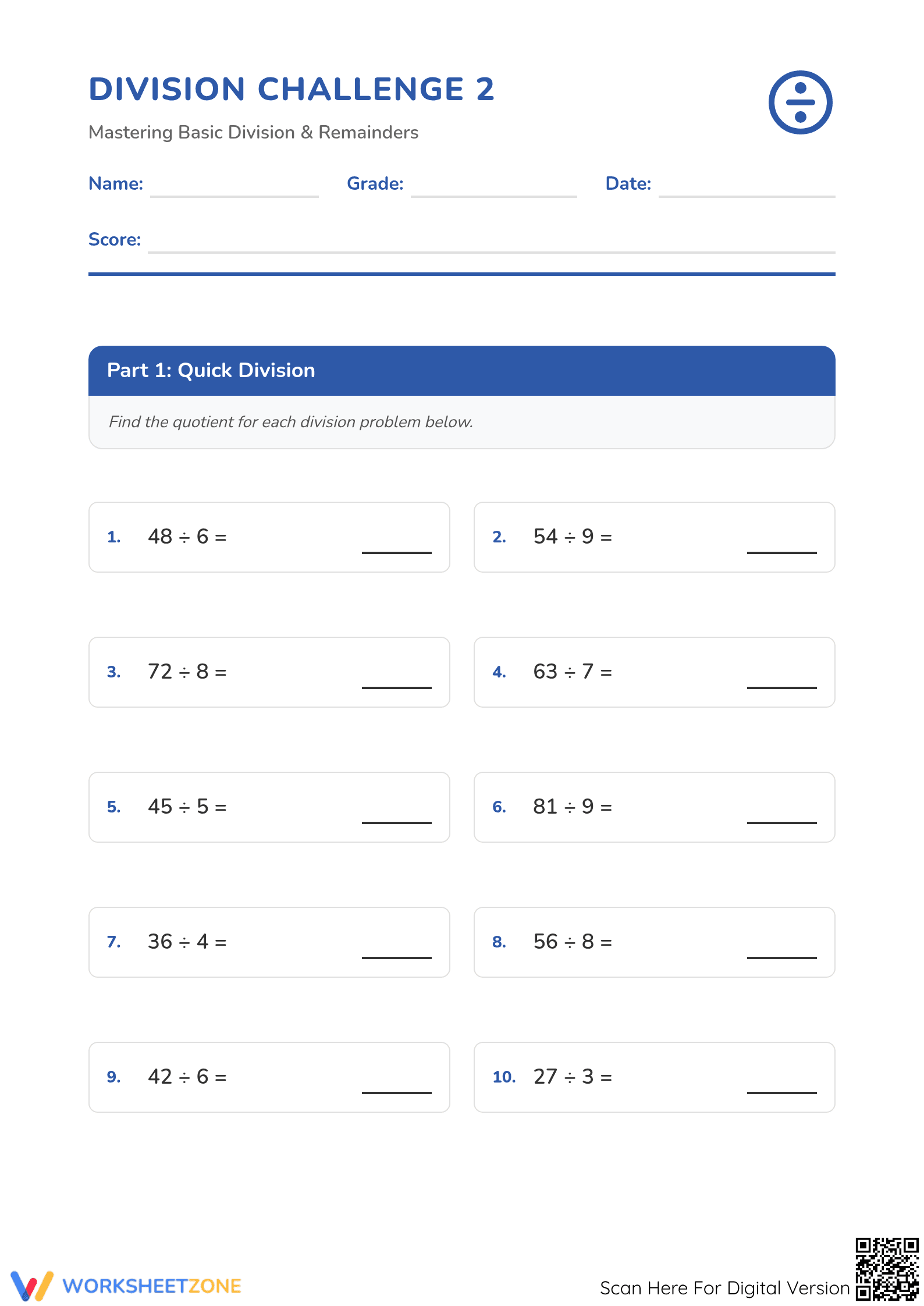 Printable Division Challenge Worksheet | Grades 3-5 Math - Page 1