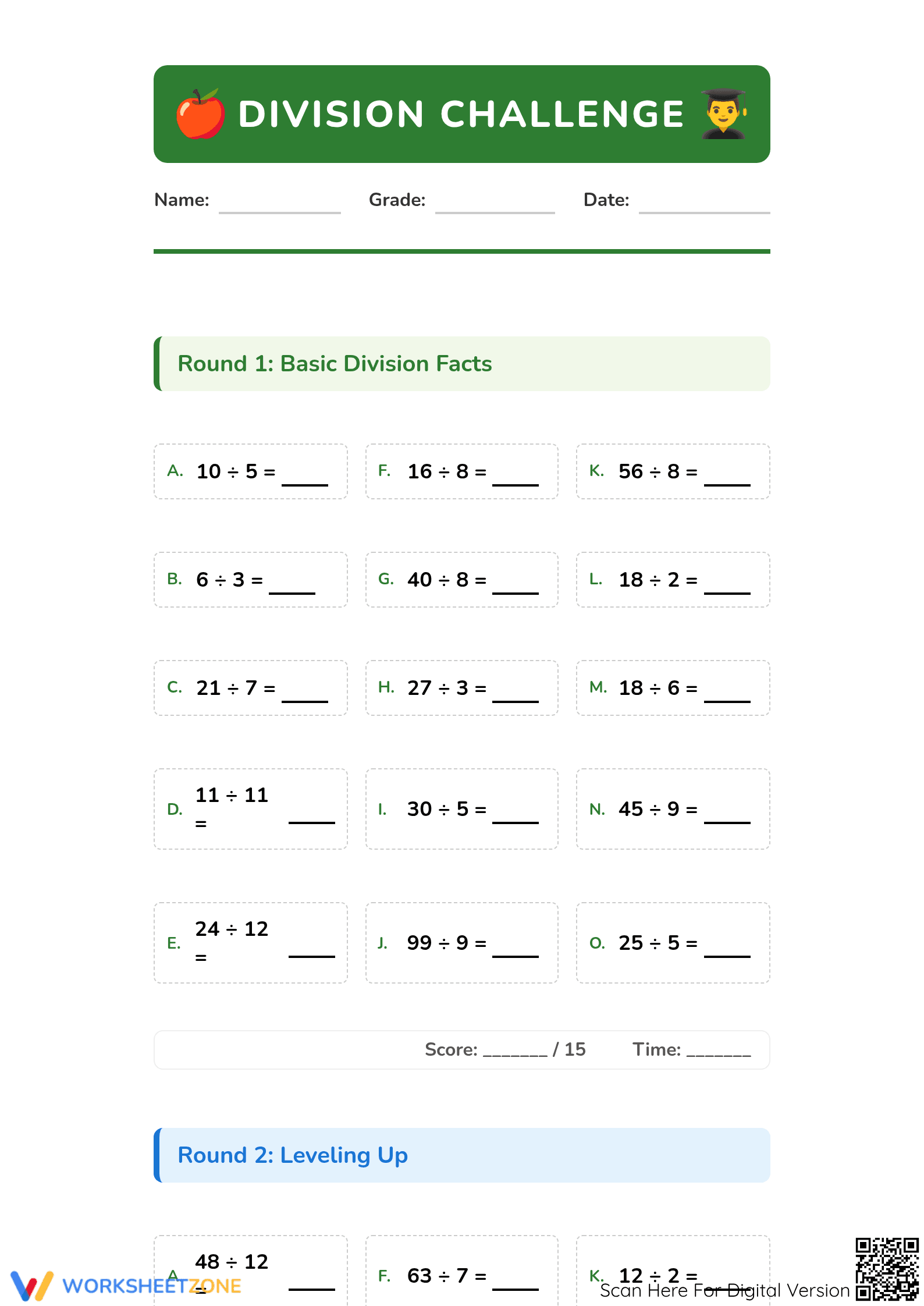 Division Challenge Worksheet | Essential Grade 3-5 Printable - Page 1