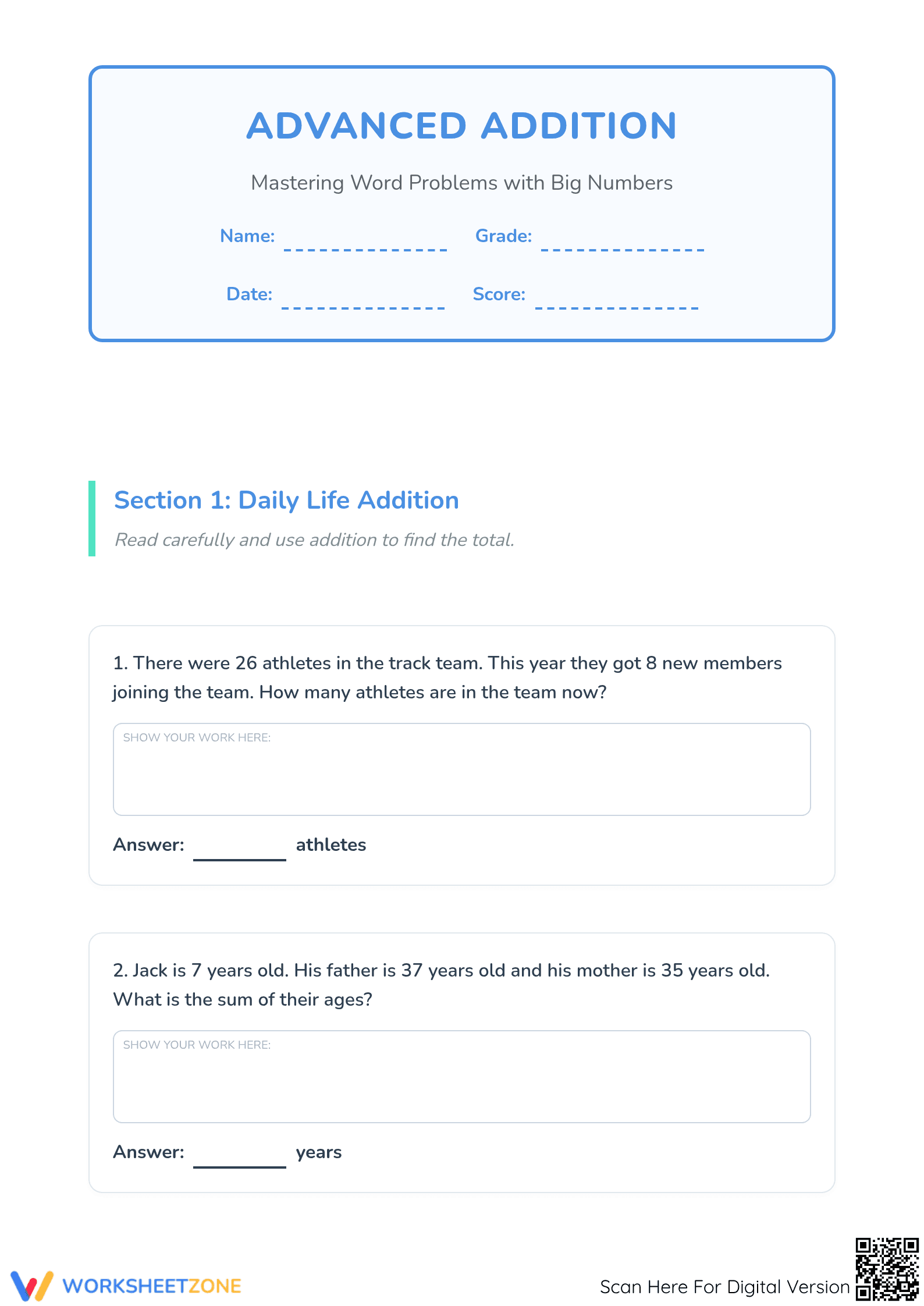Printable Grade 3 Advanced Addition Word Problems Guide - Page 1