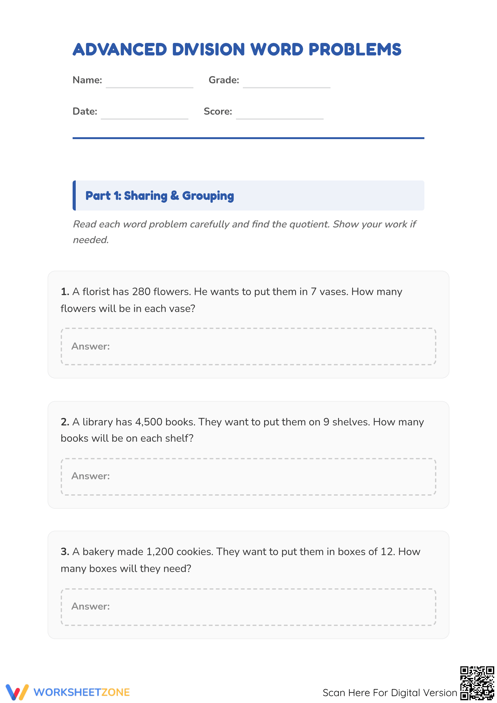 Printable Advanced Division Word Problems | Grade 3 Math - Page 1
