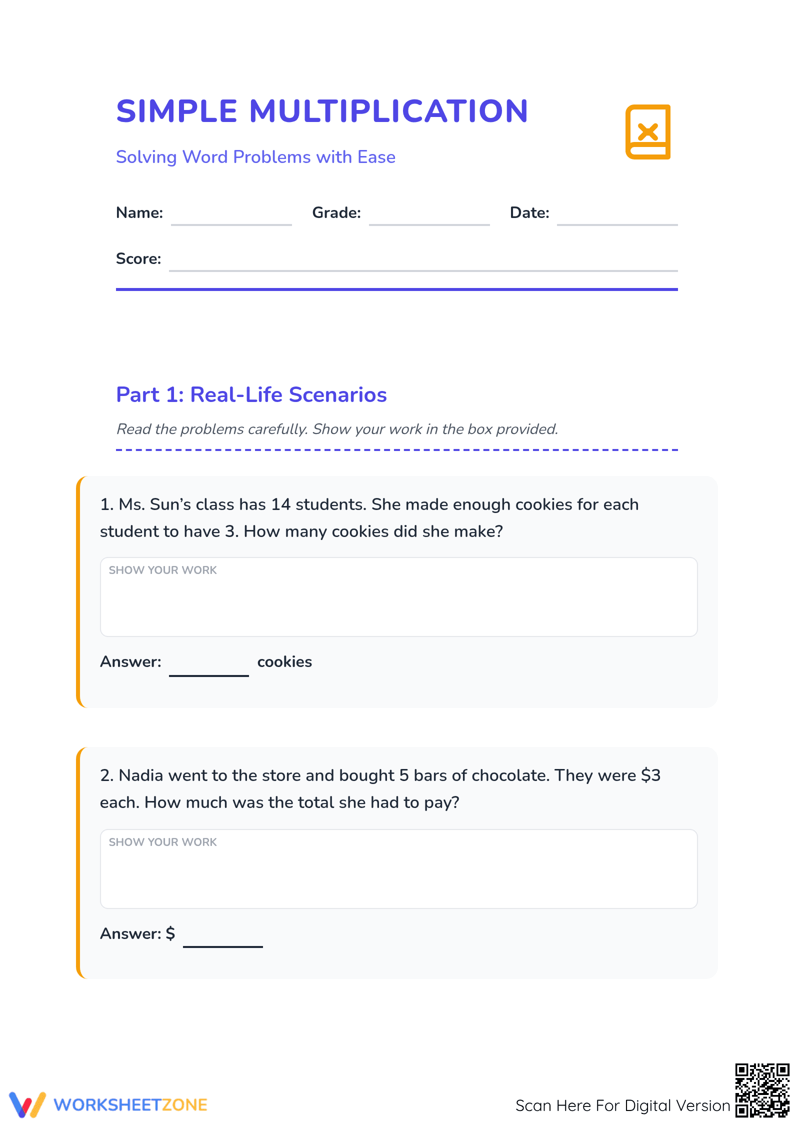 Printable Simple Multiplication Word Problems | Grade 3 - Page 1