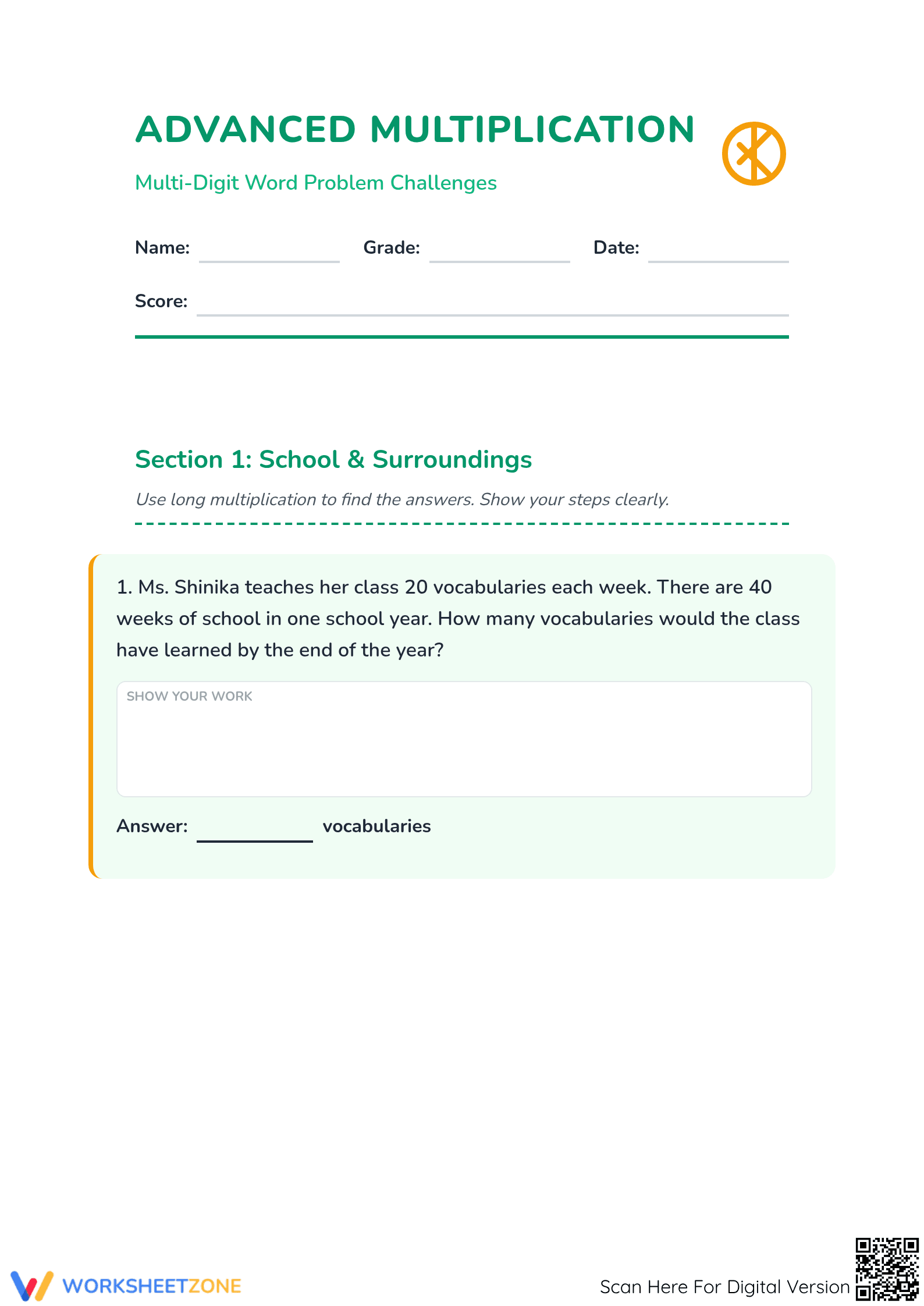 Printable Advanced Multi-Digit Multiplication: Grade 3 Math - Page 1