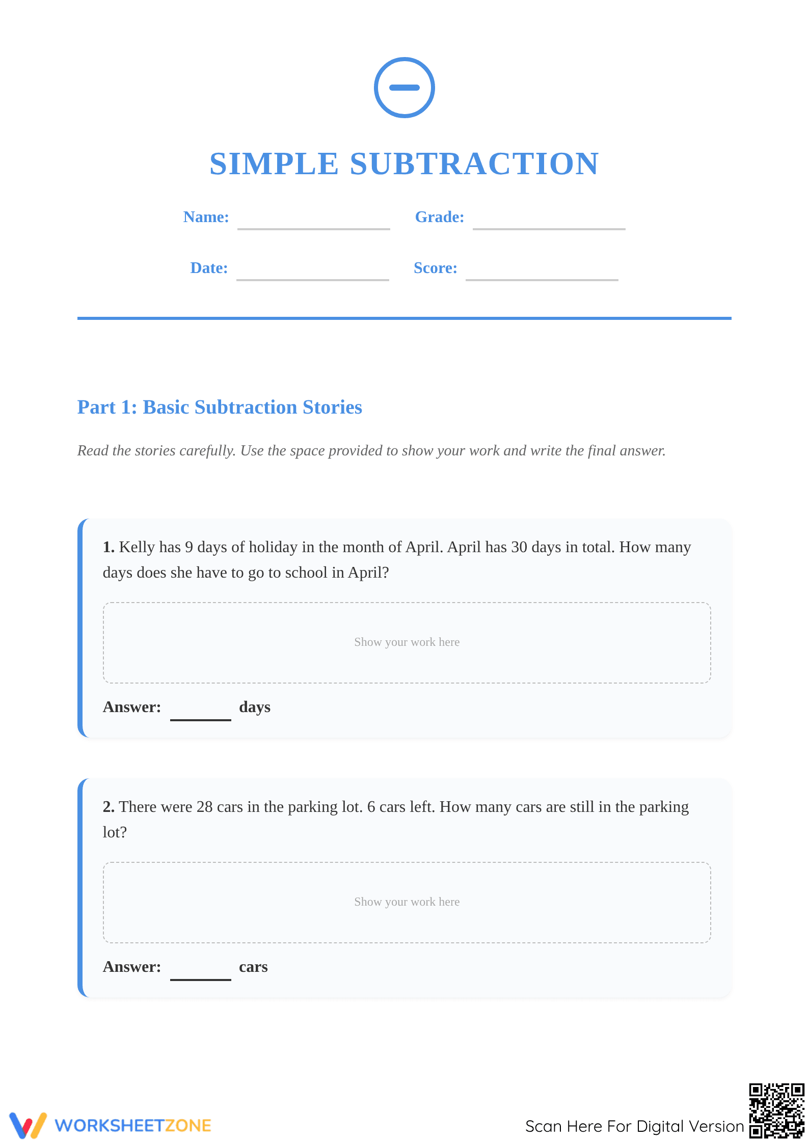 Printable Subtraction Word Problems | Grade 3 Math Ready - Page 1