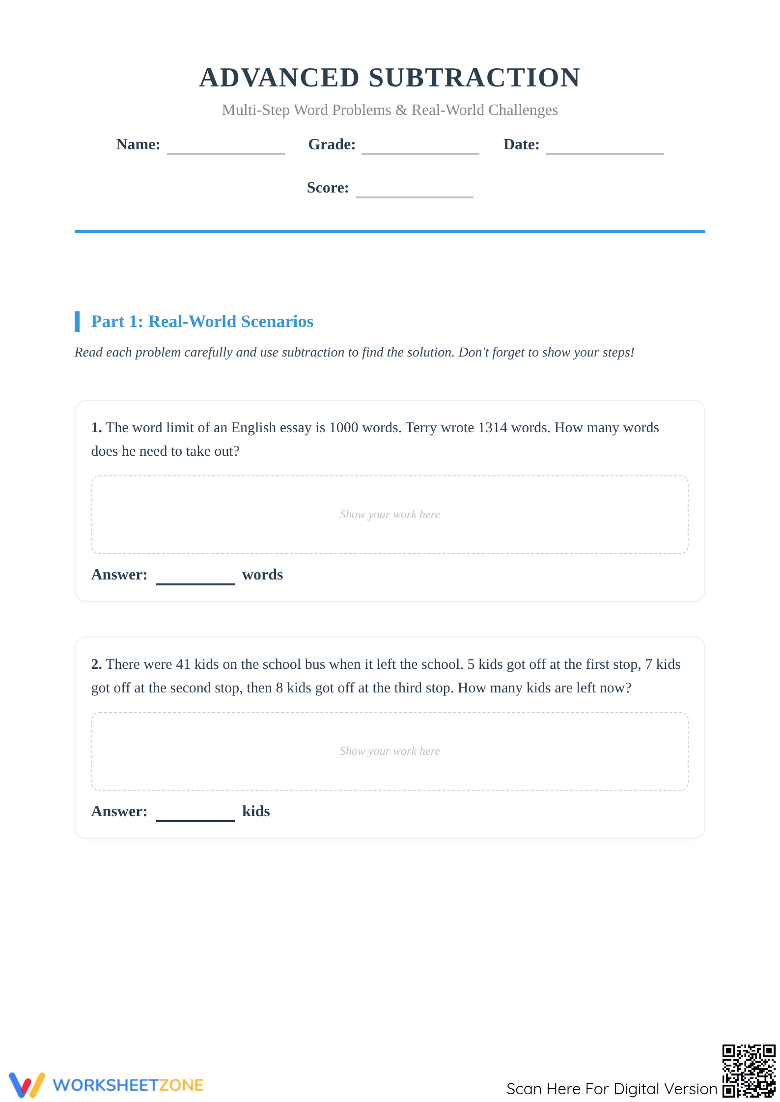Advanced Subtraction Word Problems | Essential Grade 4 Math - Page 1