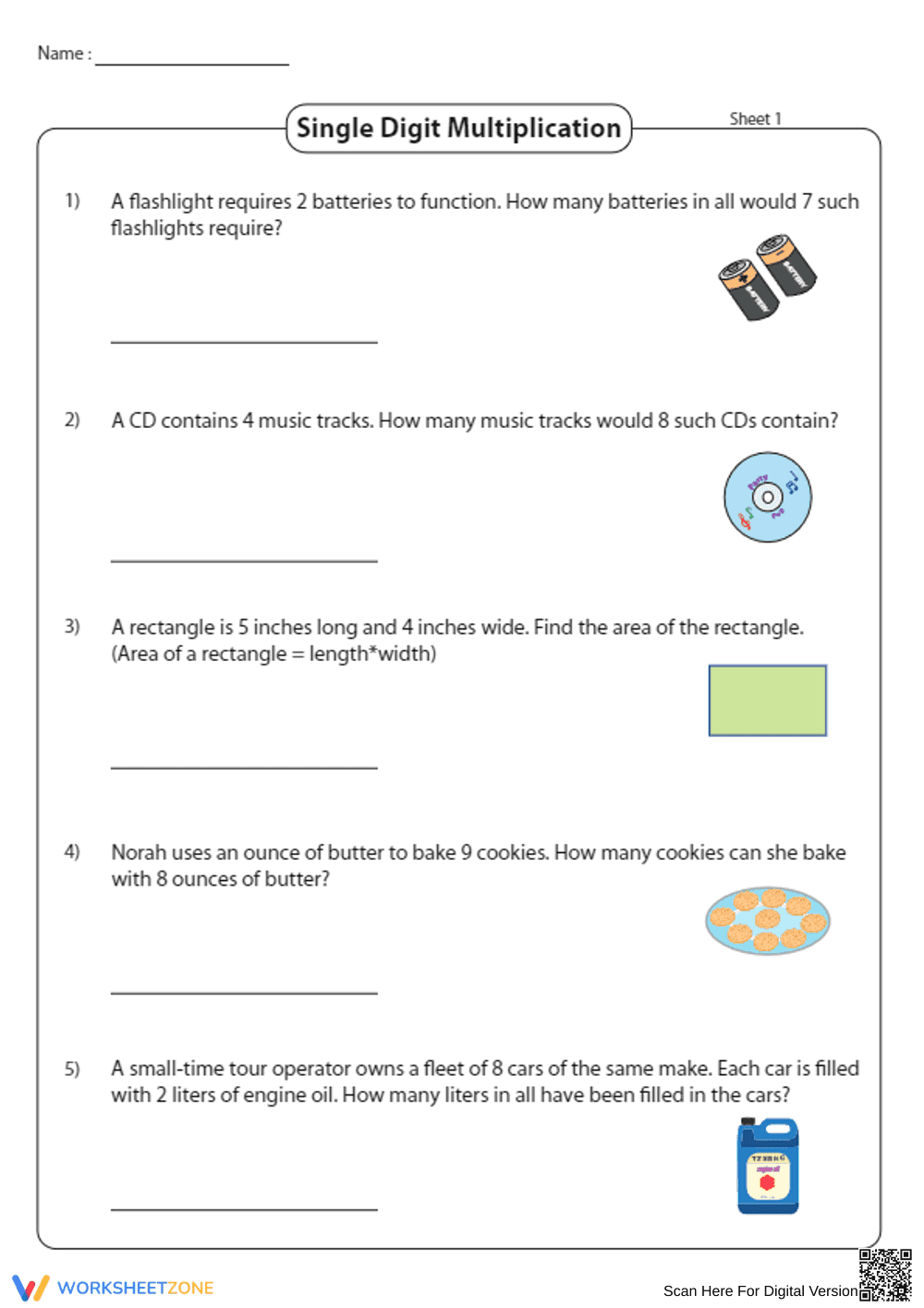 Single Digit Multiplication Worksheet - Page 1
