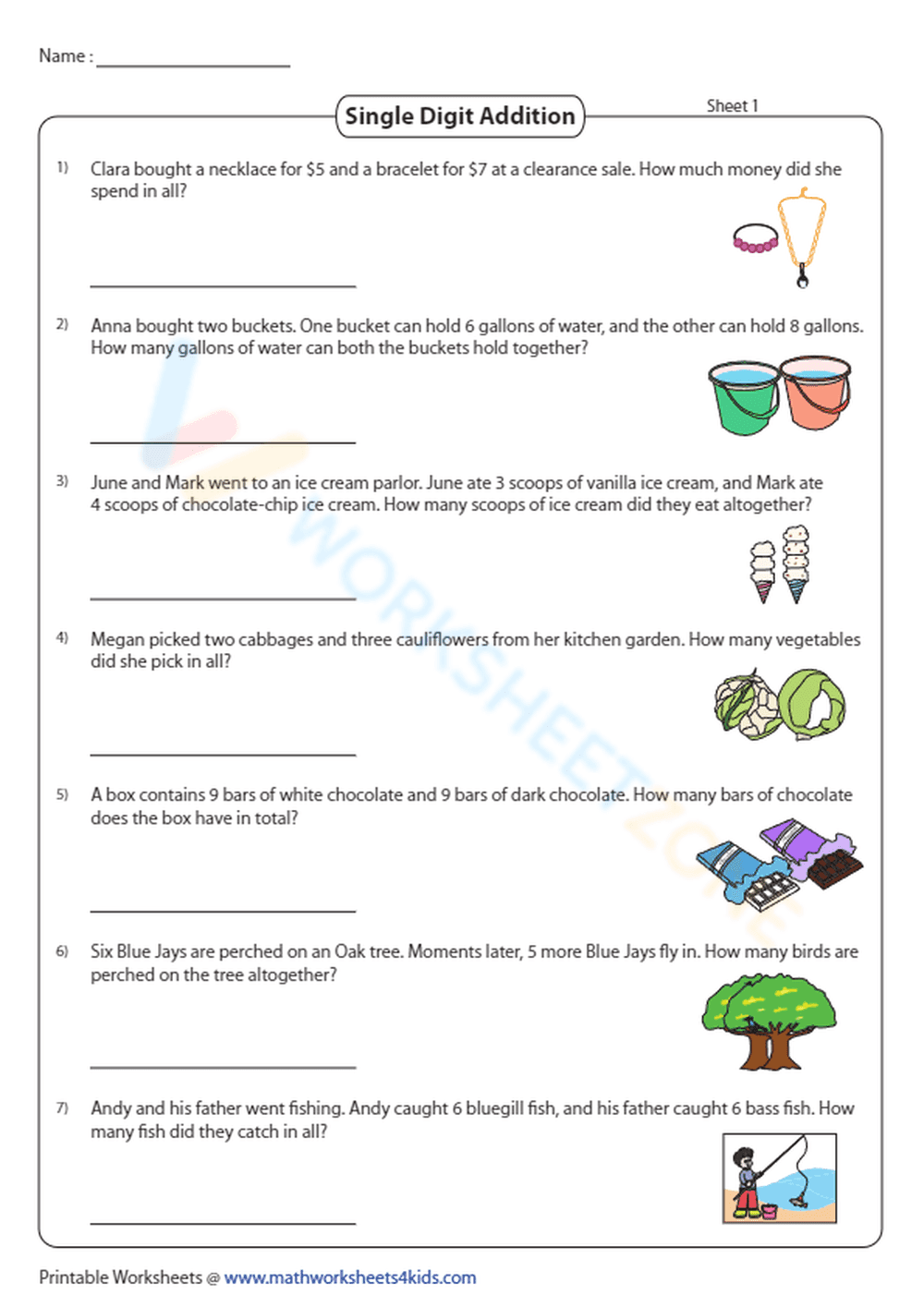 Single Digit Addition Worksheet for Beginners - Page 1