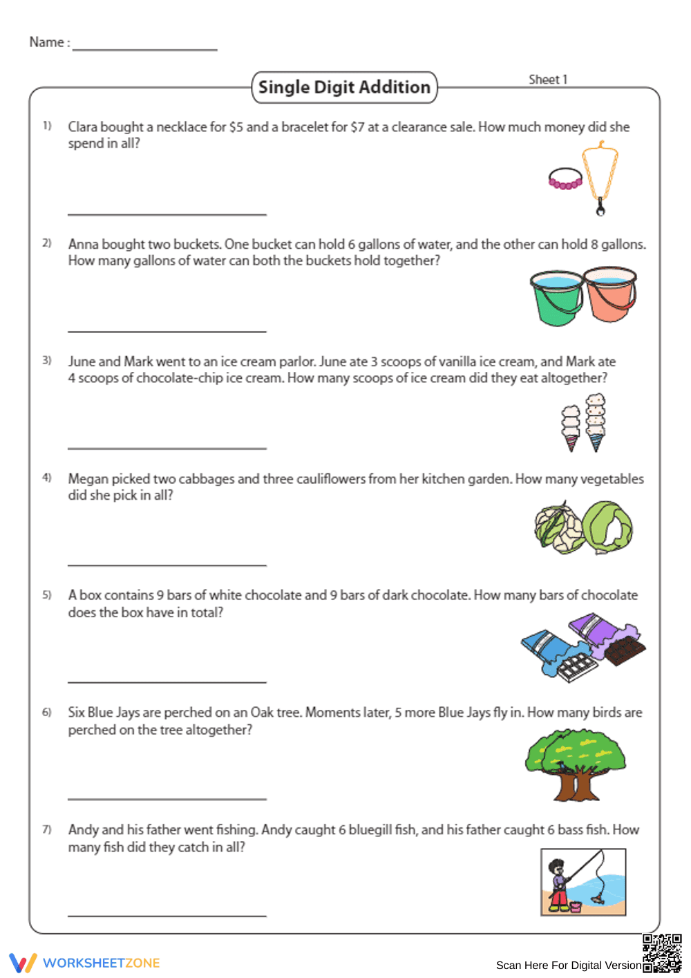 Single Digit Addition Worksheet for Beginners - Page 1