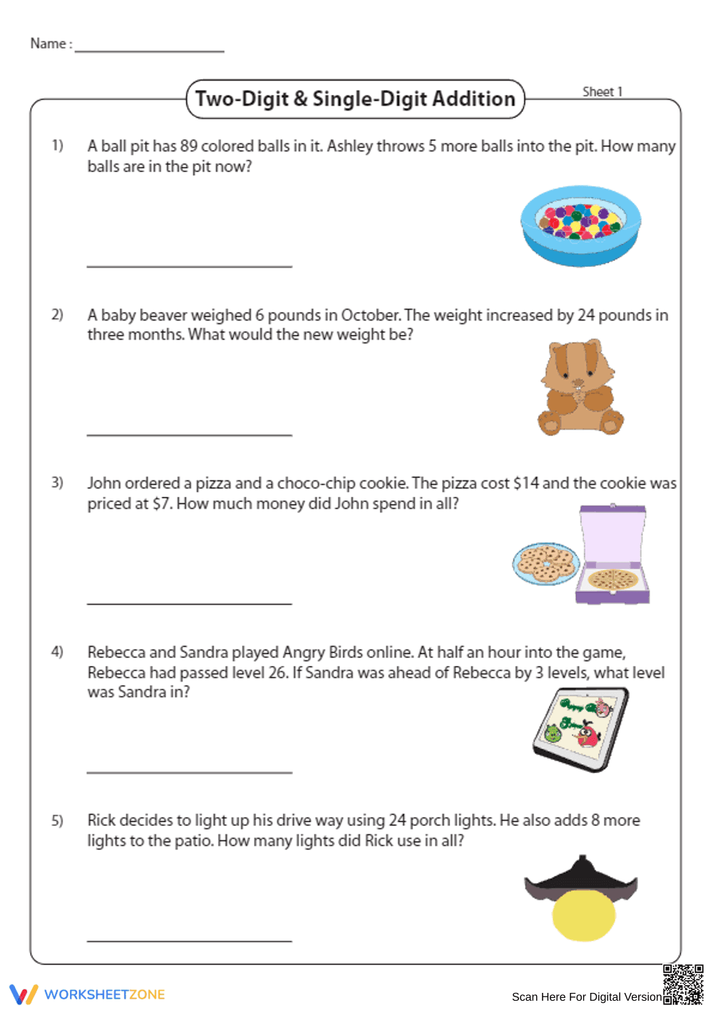 Adding Two-Digit and Single-Digit Numbers - Page 1