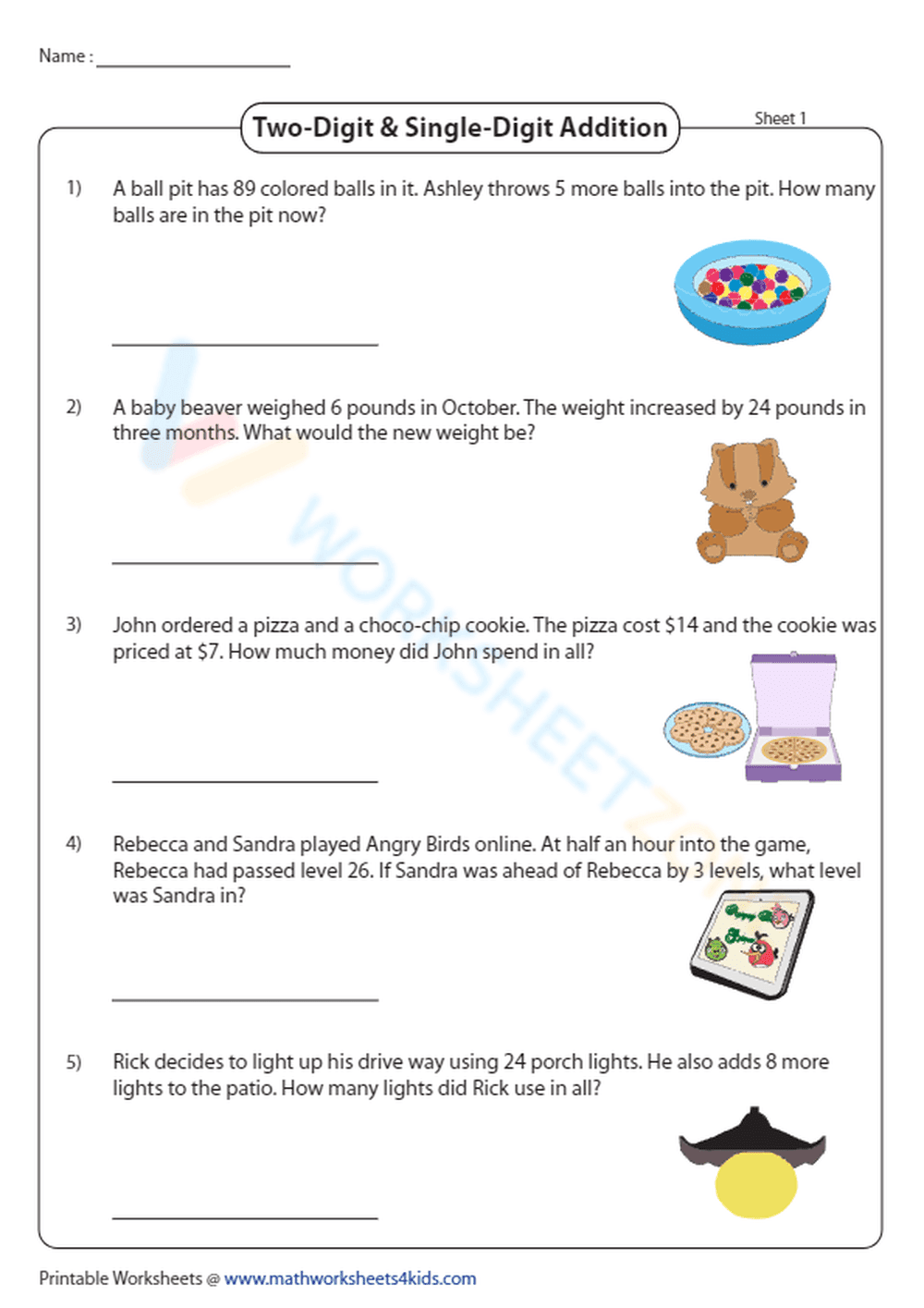 Adding Two-Digit and Single-Digit Numbers - Page 1