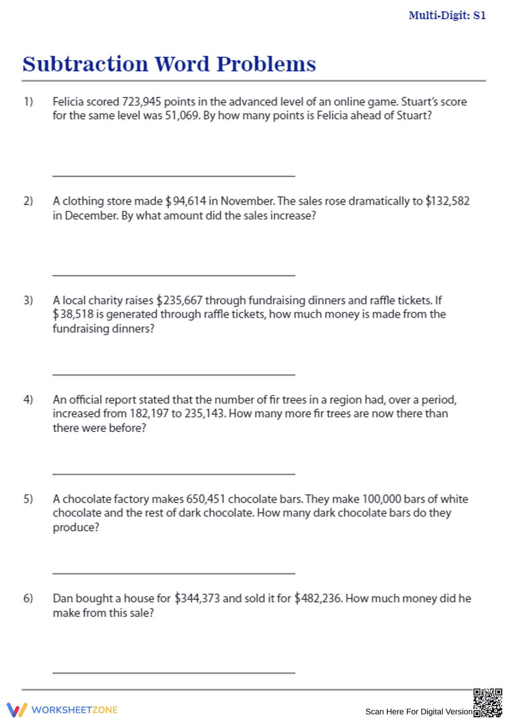 Comprehensive Subtraction Word Problems Set - Page 1