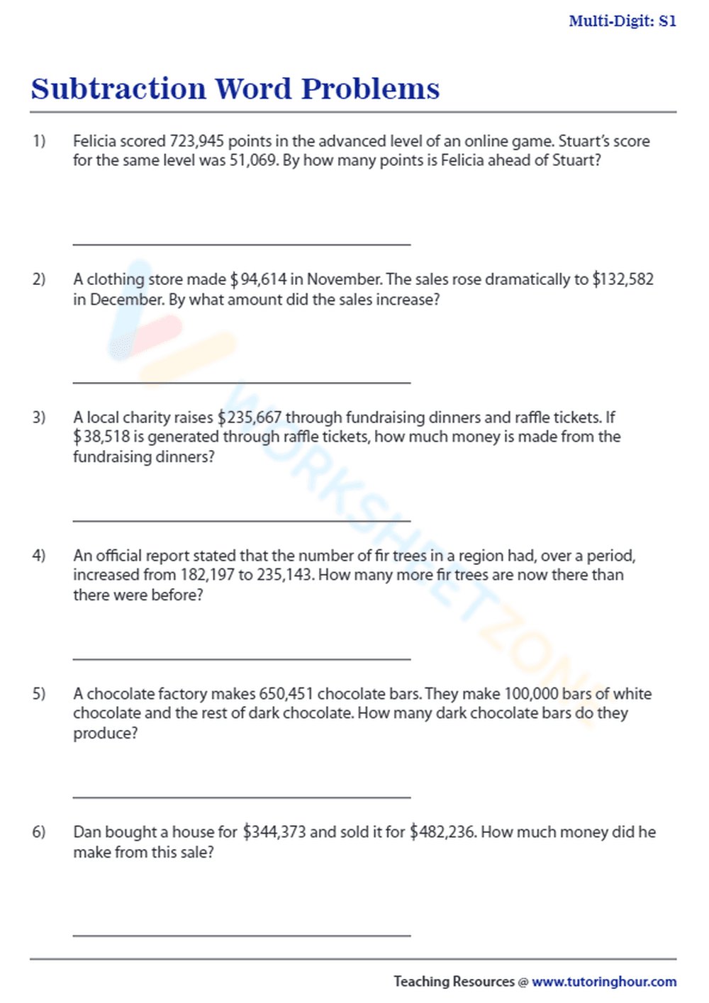 Comprehensive Subtraction Word Problems Set - Page 1