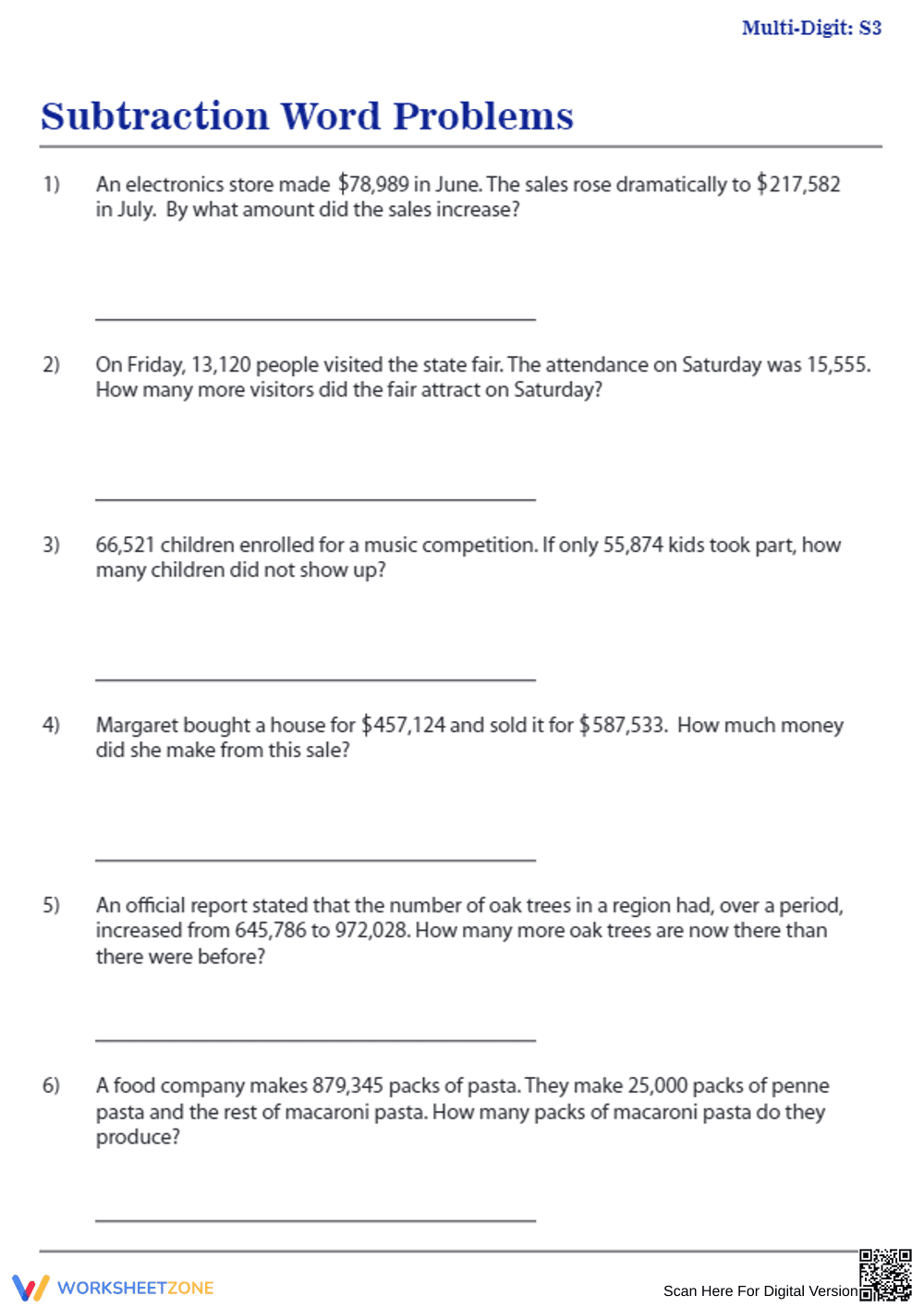 Subtraction Word Problems for Skill Reinforcement - Page 1